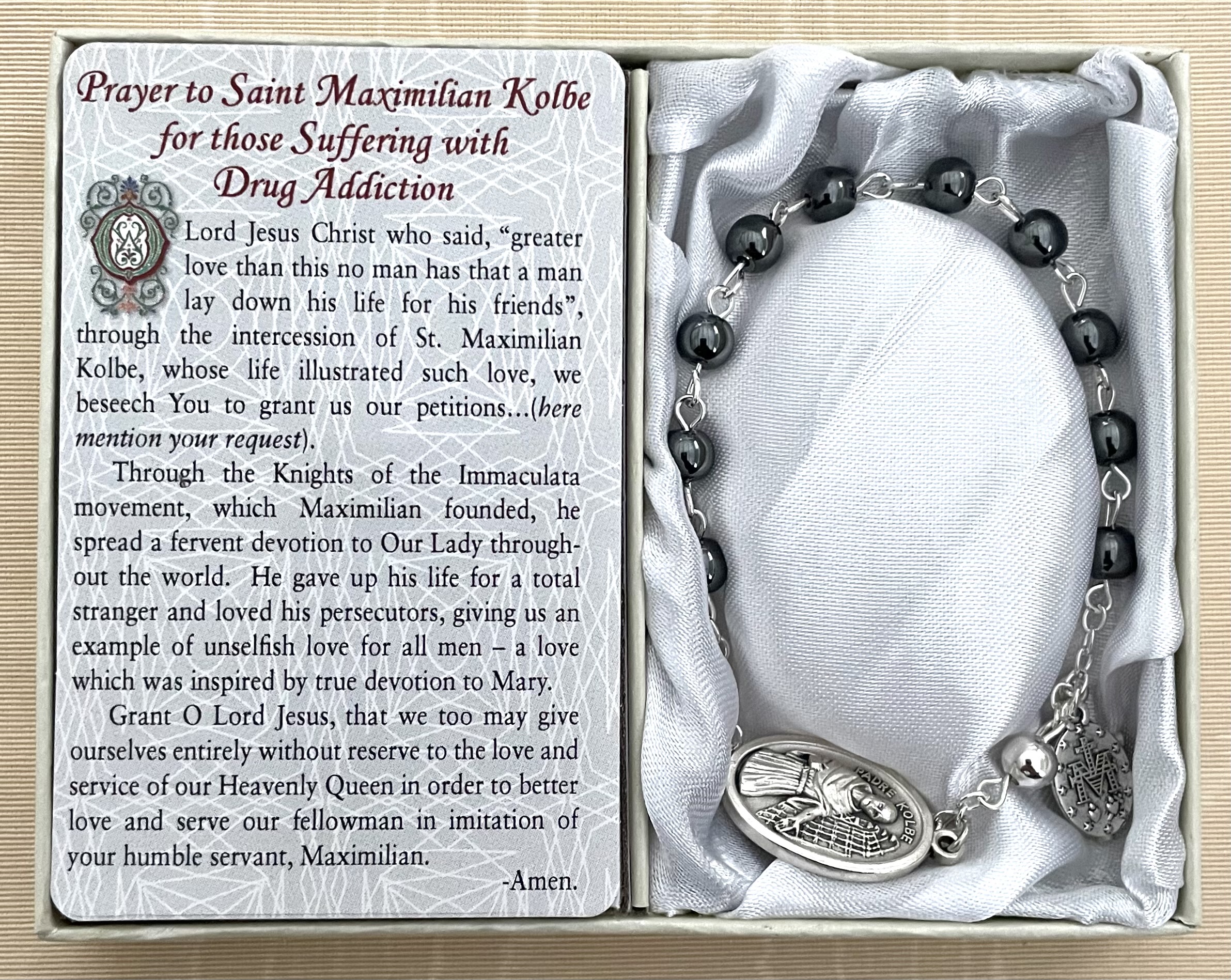 Saint Maximilian Kolbe-Drug Addiction Healing Bracelet. Gemstone Rosary Bracelet with Oxidized Medal and Prayer Card with Healing Prayer on Back. Gift Boxed