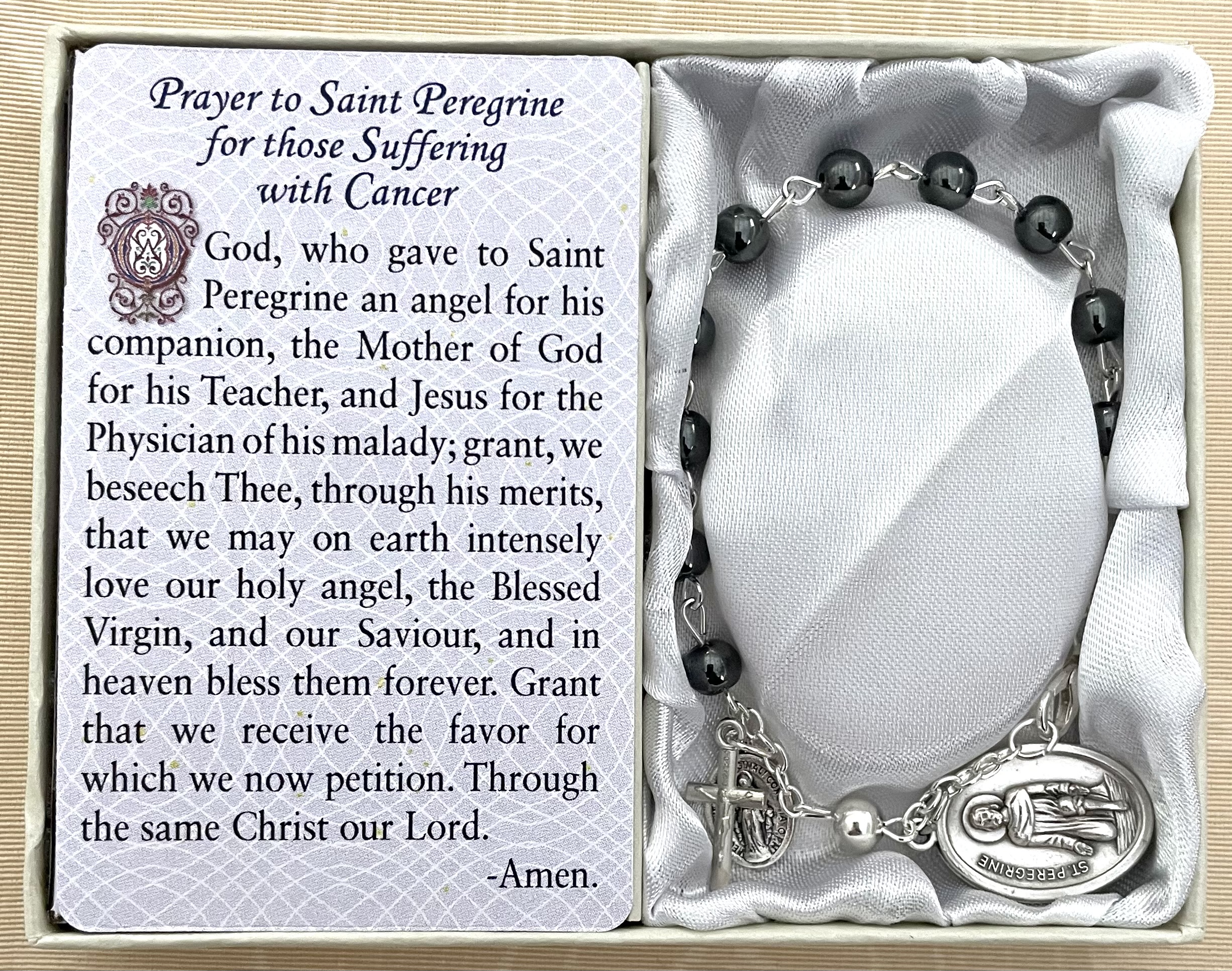 Saint Peregrine-Cancer Healing Bracelet. Gemstone Rosary Bracelet with Oxidized Medal and Prayer Card with Healing Prayer on Back. Gift Boxed