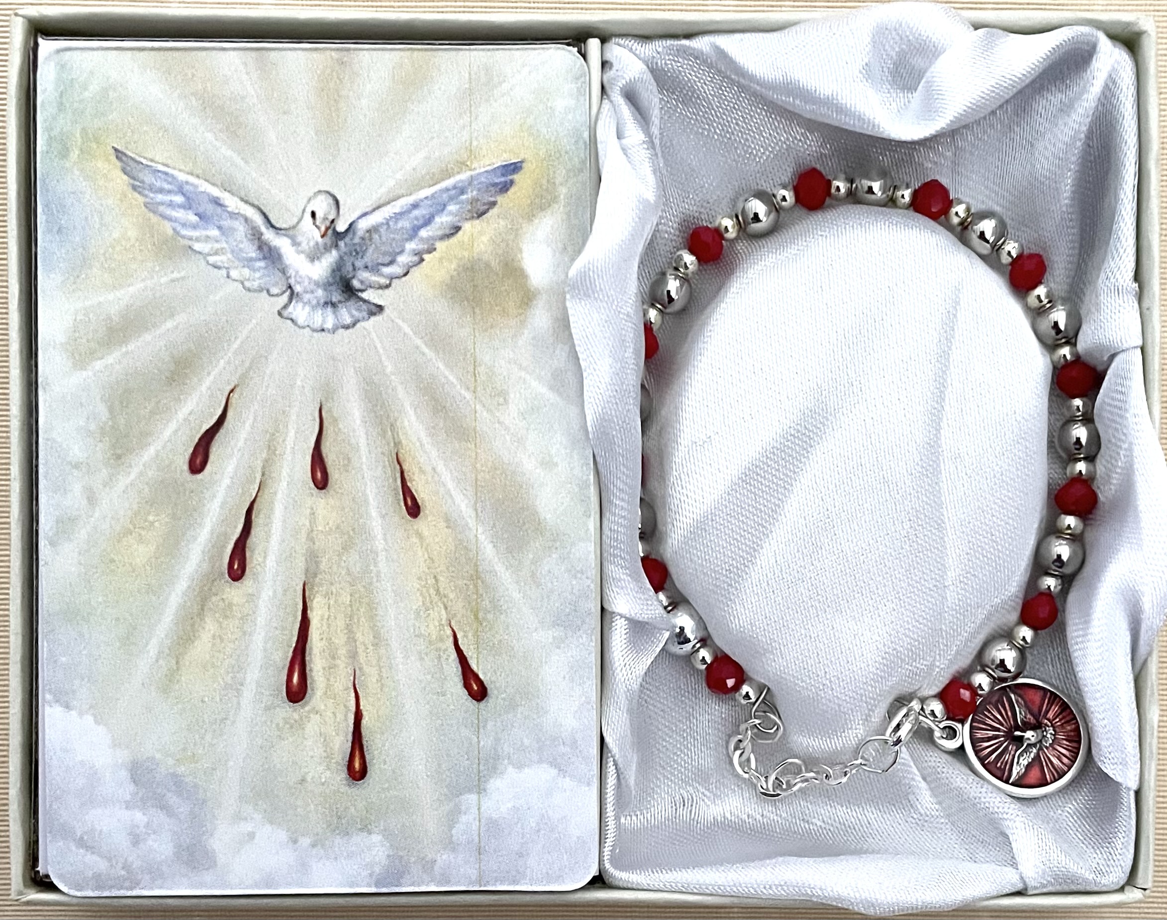 Silver and Ruby Confirmation Bracelet with Enameled Dove Pendant Gift Boxed with Prayer Card that can be Personalized