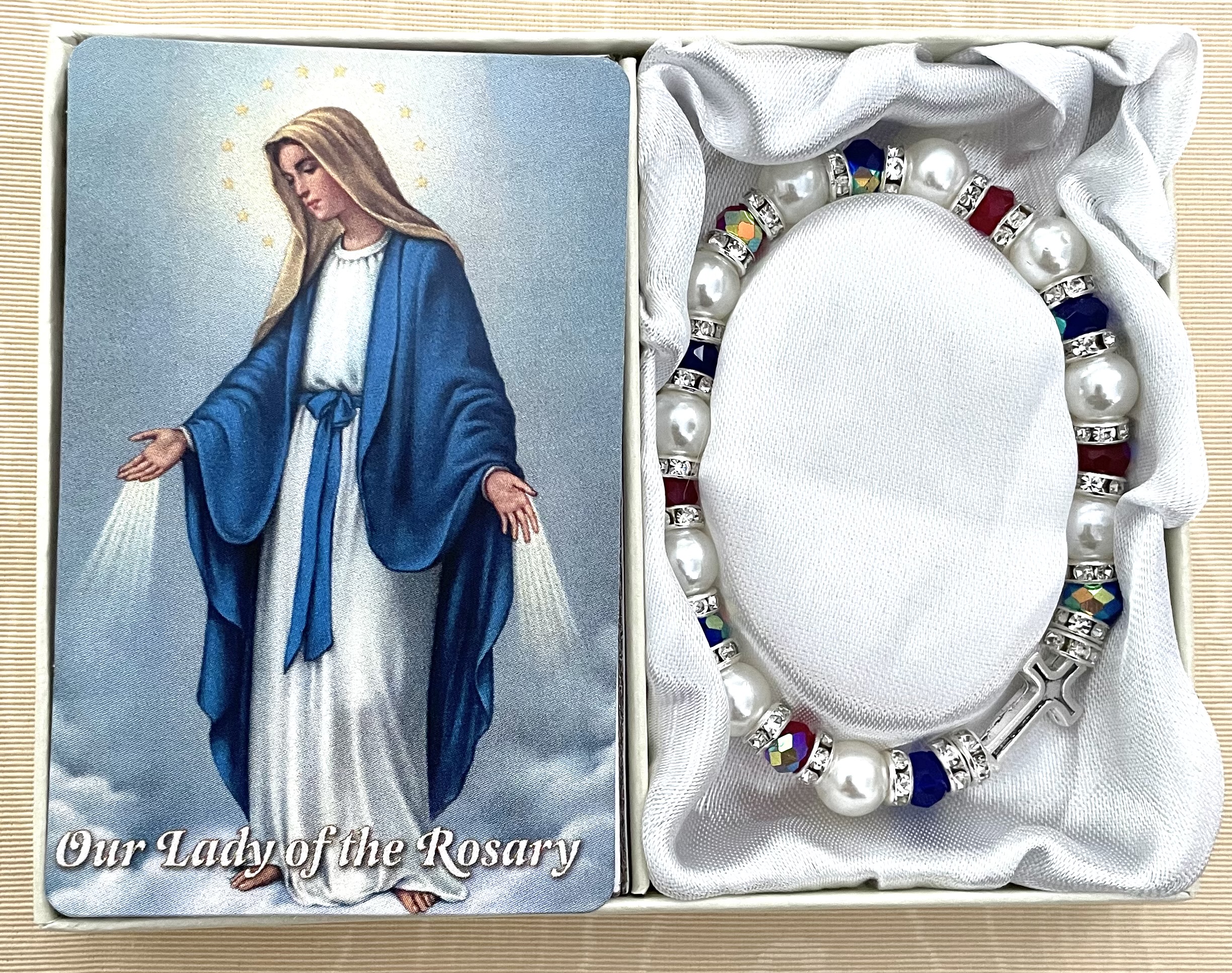 Ruby/Sapphire/Pearl Bracelet Gift Boxed with Pray the Rosary Prayer Card. 