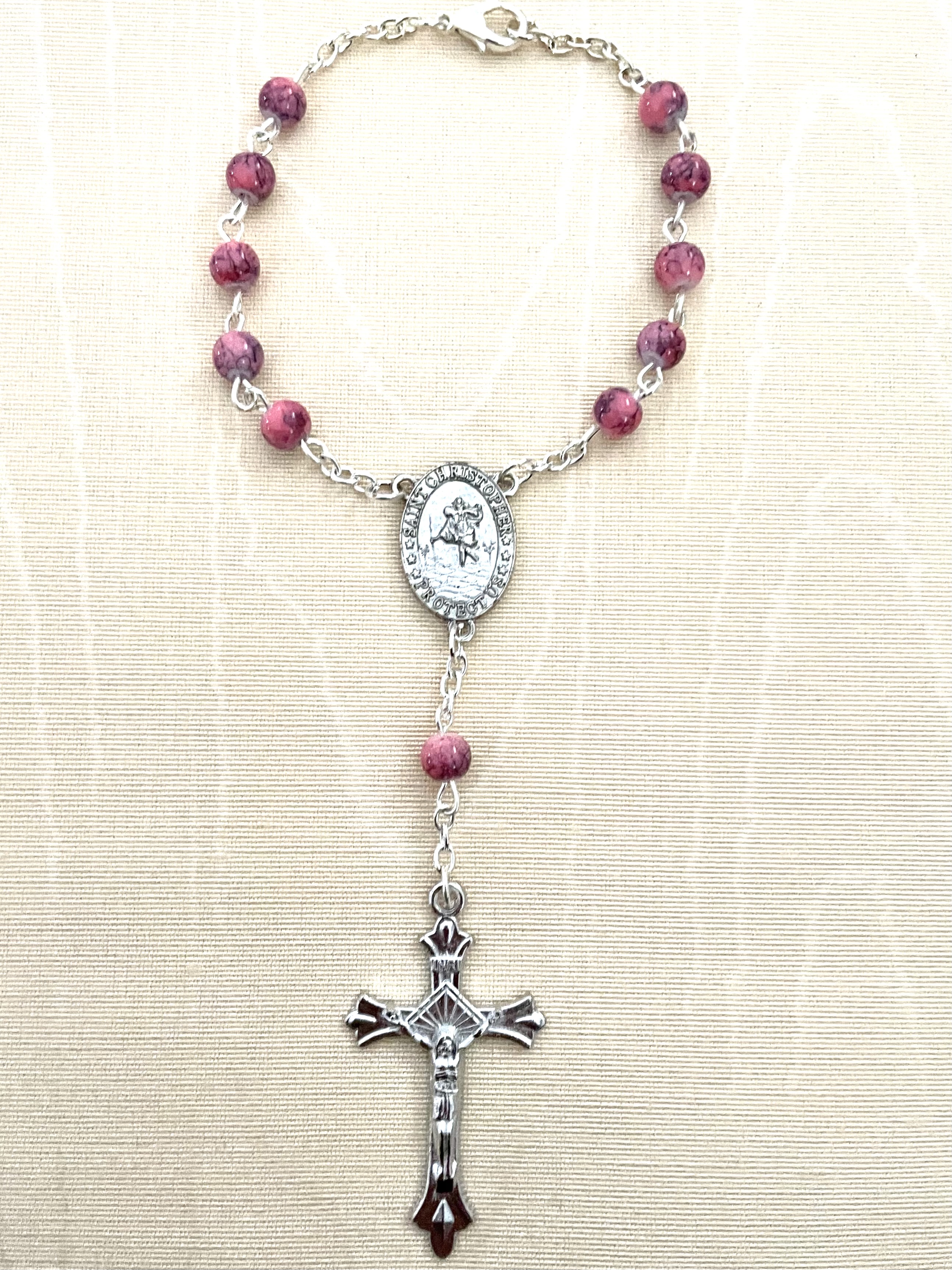 7mm Pink Marble Auto Rosary