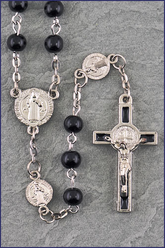 6 mm Saint Benedicts Black Rosary with Metal Our Father Beads