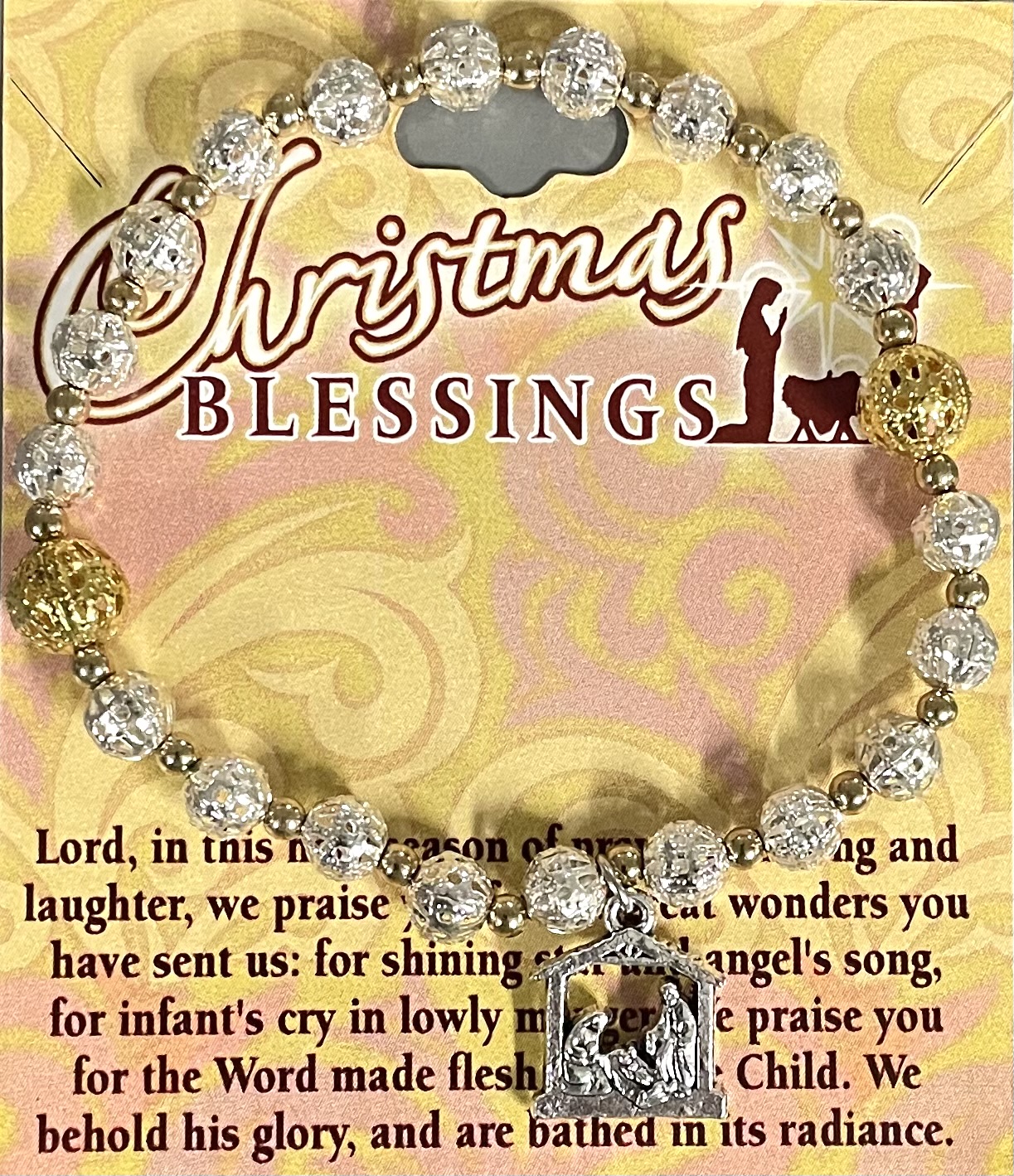 SILVER AND GOLD CHRISTMAS BRACELET MADE WITH FILIGREE BEADS AND A SILVER OXIDIZED HOLY FAMILY NATIVITY.  CARDED