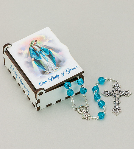 OUR LADY OF GRACE WOOD BOX WITH ROSARY