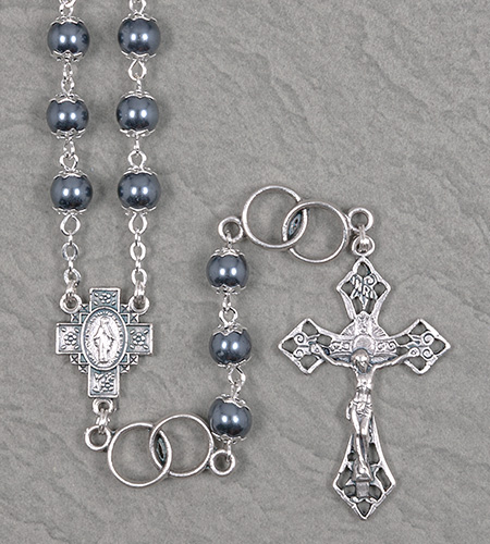 7mm DOUBLE CAPPED HEMATITE WEDDING ROSARY WITH DOUBLE RING OUR FATHER BEADS