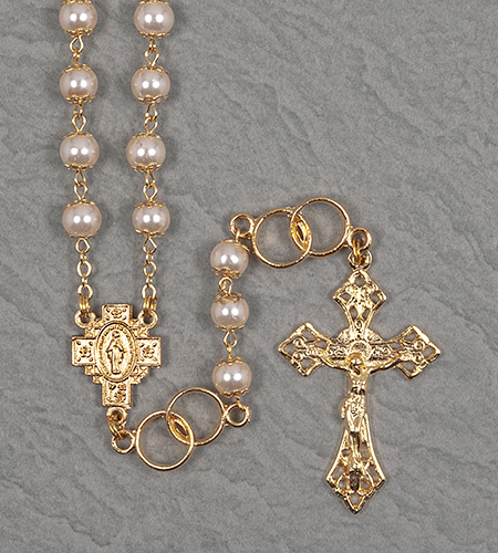 7mm DOUBLE CAPPED PEARL WEDDING ROSARY WITH DOUBLE RING OUR FATHER BEADS GOLD