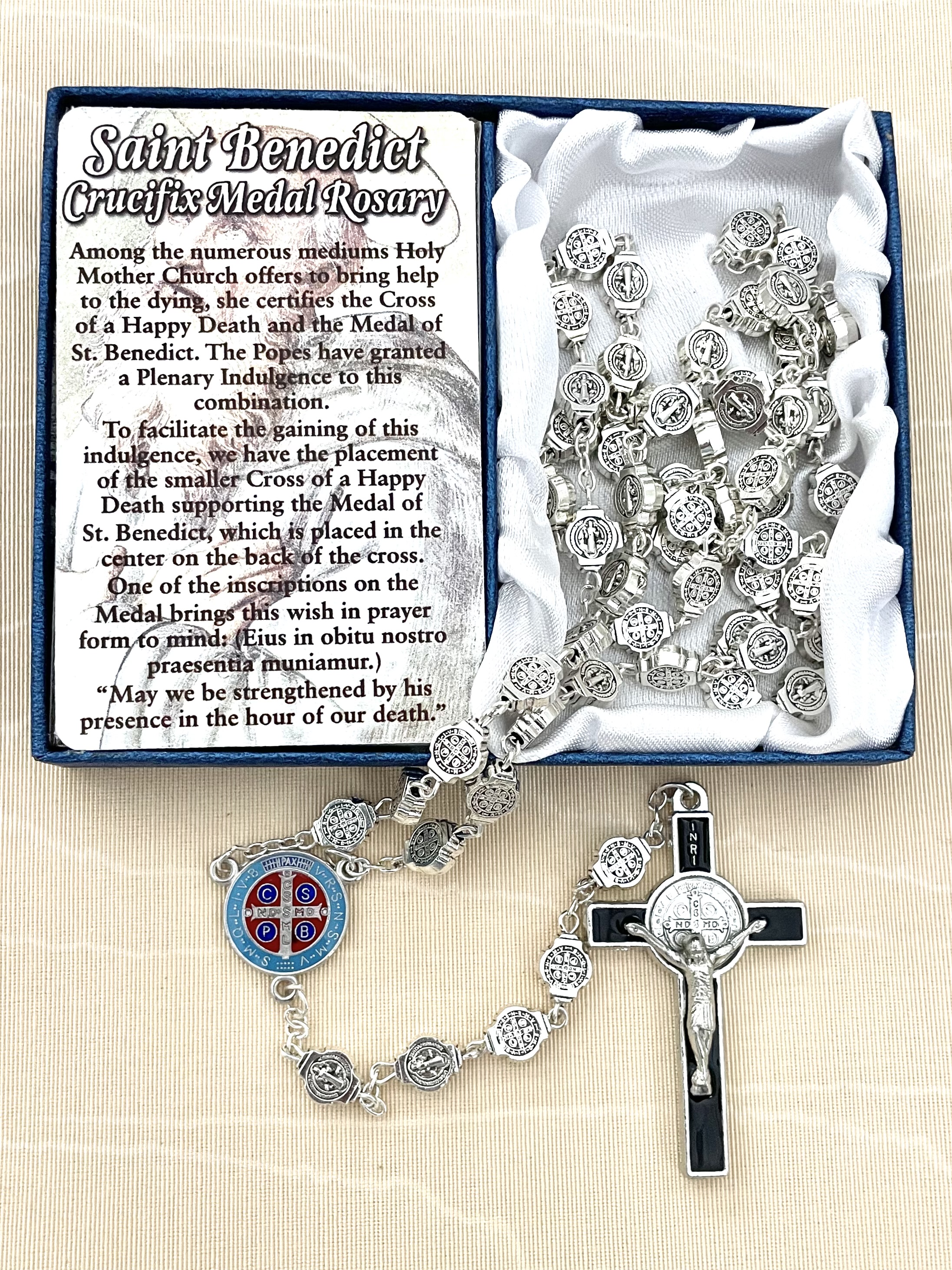 8X9MM ST. BENEDICT MEDAL ROSARY FEAURING EPOXY FINISH ON CRUCIFIX AND CENTERPIECE. GIFT BOXED WITH PRAYER CARD.