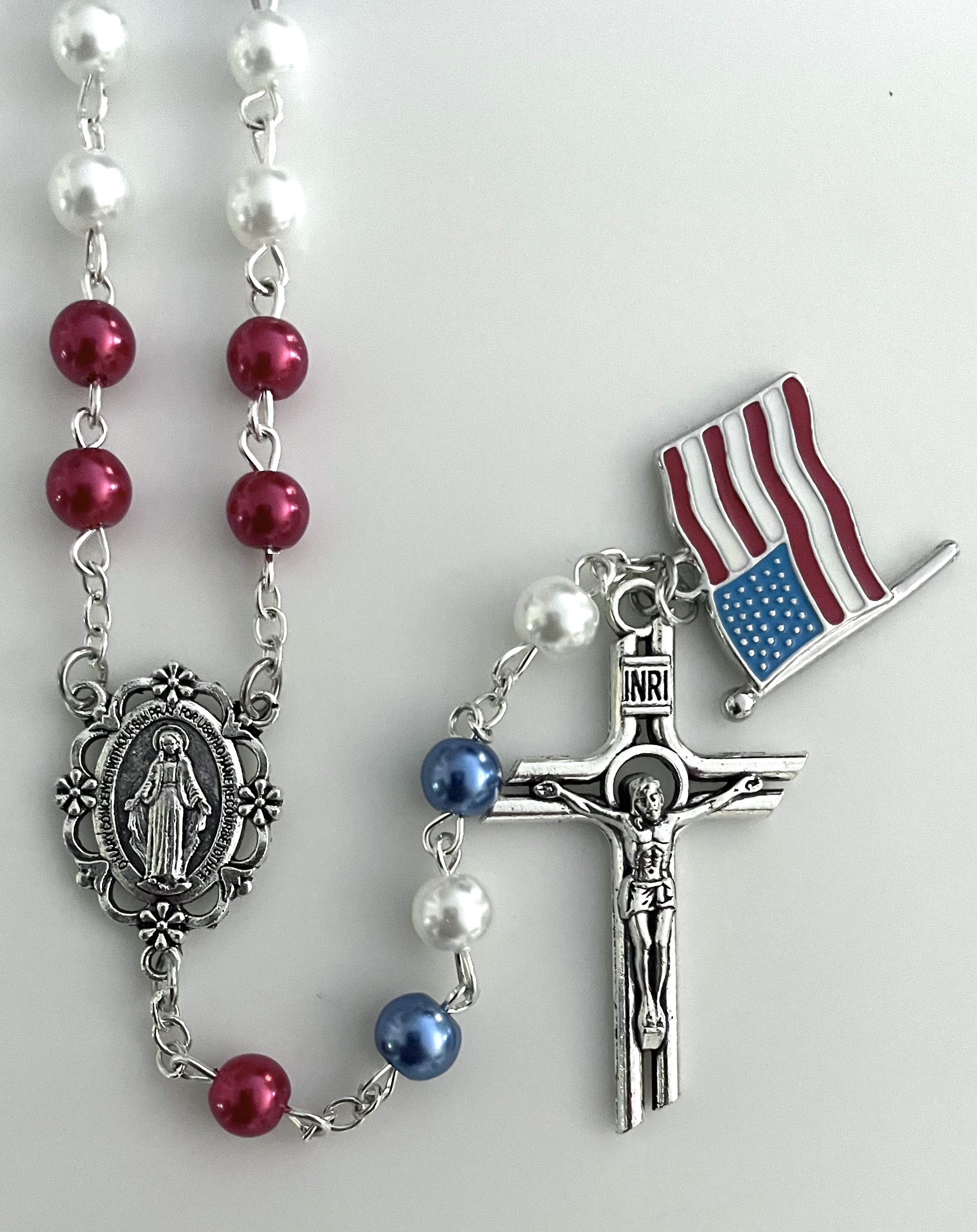 250th Anniversary USA 6mm Pearl Rosary Gift Boxed with Prayer Card