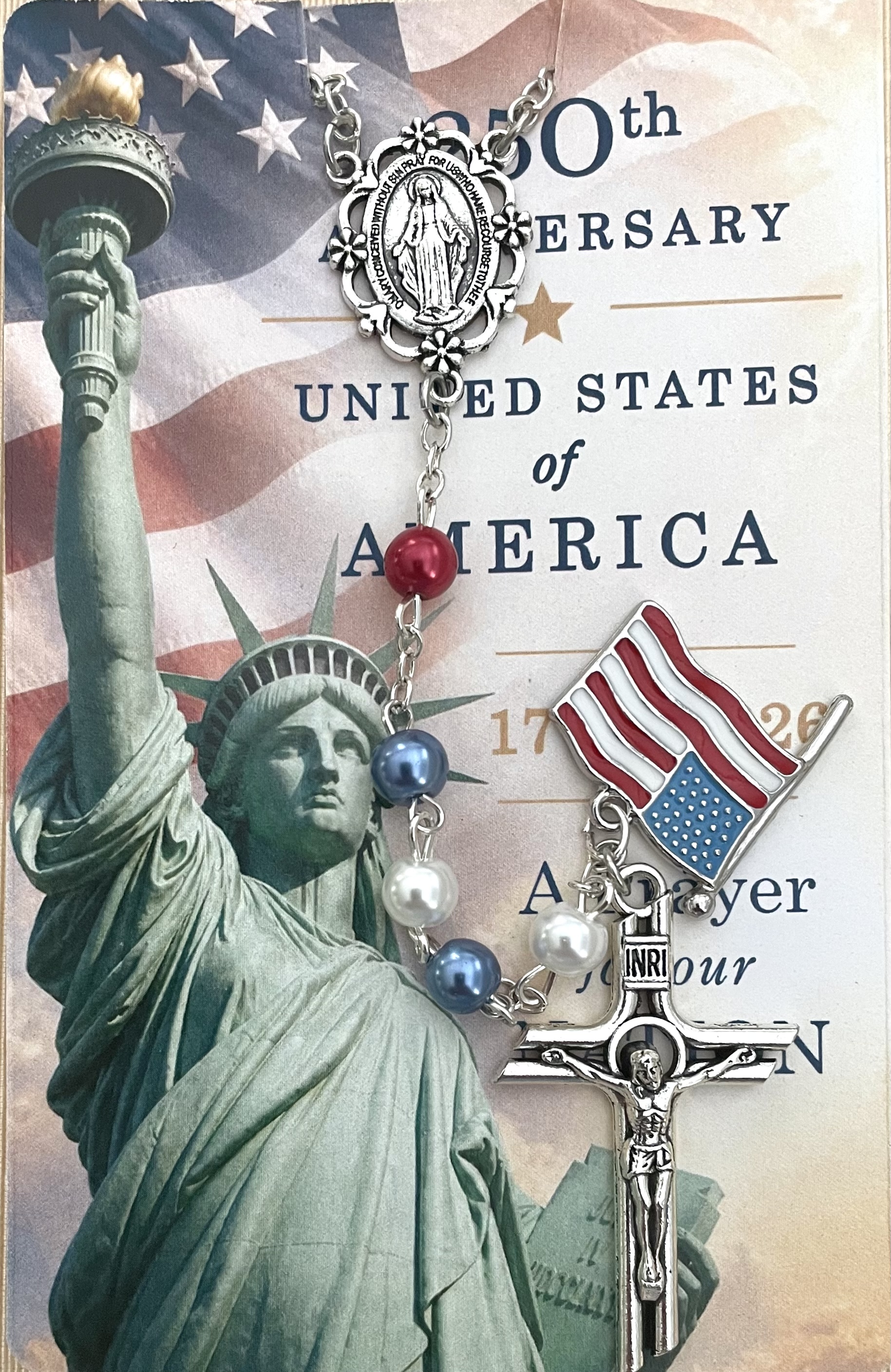 250th Anniversary USA 6mm Pearl Rosary Carded with Prayer on back in Hanging Display Bag