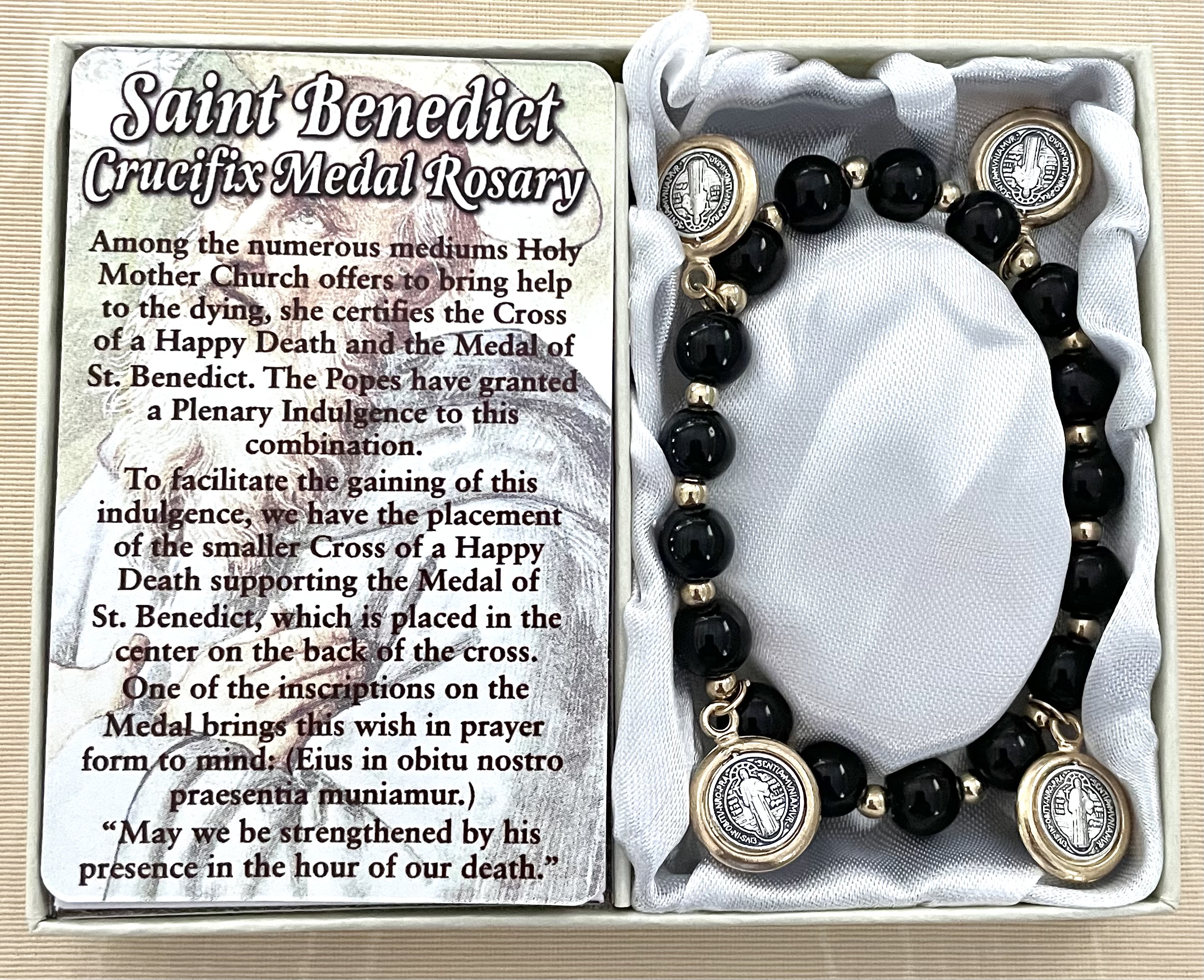 8mm St Benedict Bracelet with Dangling Medals Gift Boxed with Prayer Card