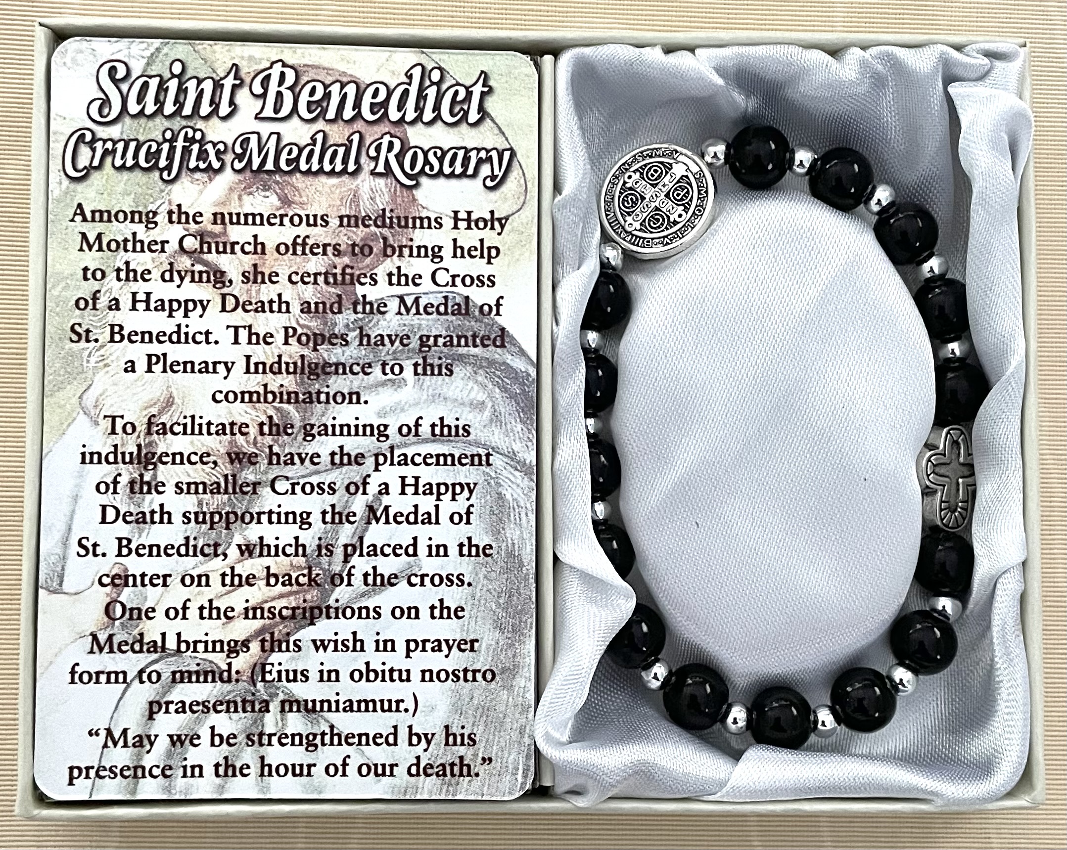 8mm St Benedict Rosary Bracelet with Medal and Cross Gift Boxed with Prayer Card