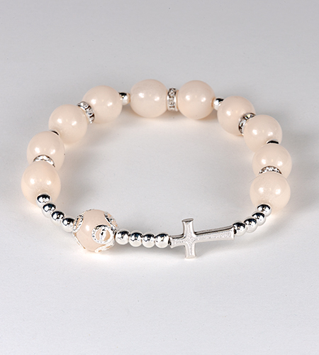 10mm WHITE BRACELET WITH STONE SPACER & SIDEWAYS CROSS | 4857402 | Malhame