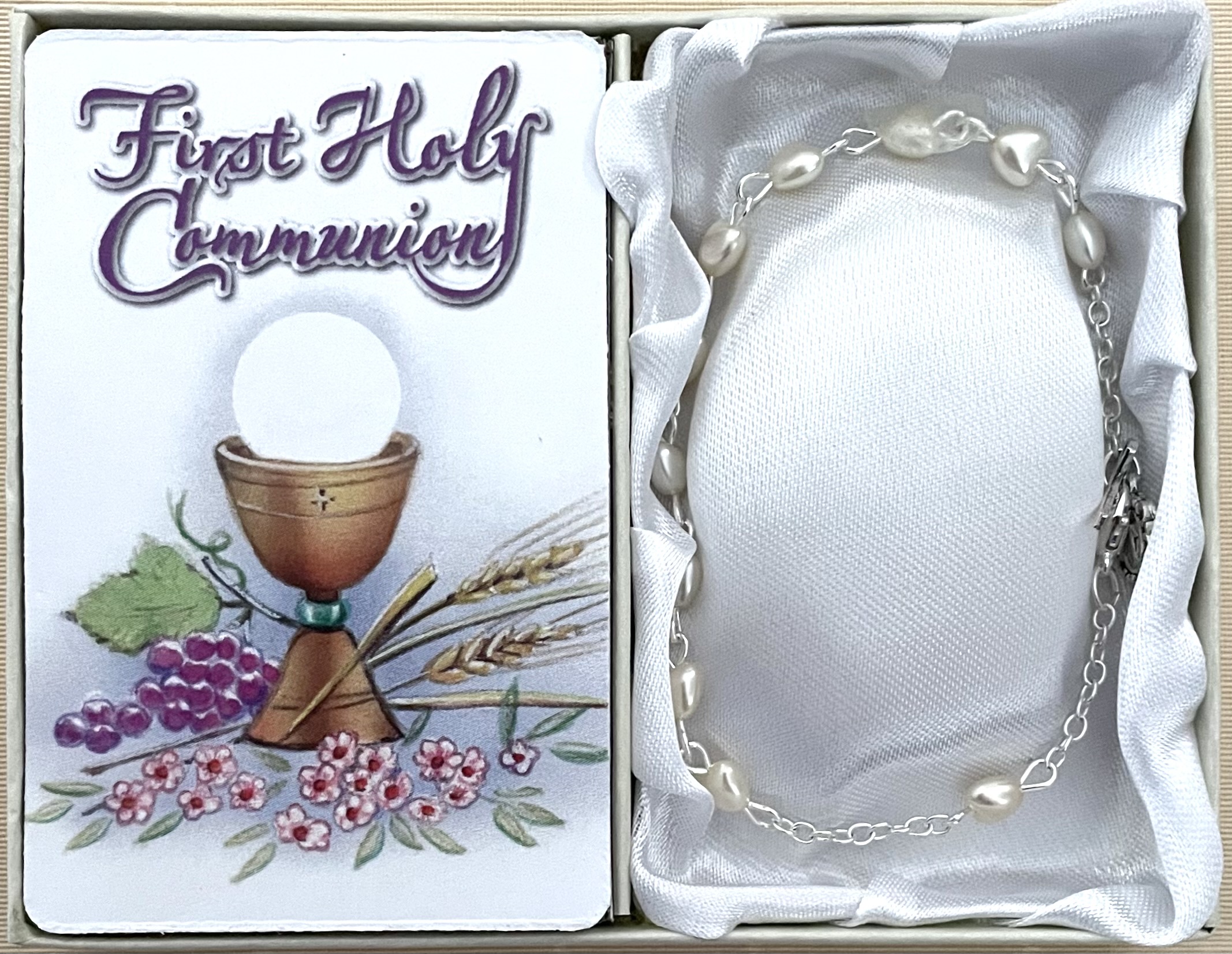 6x6mm Pearl Heart First Communion Rosary Bracelet Gift Boxed with Prayer Card that can be Personalized