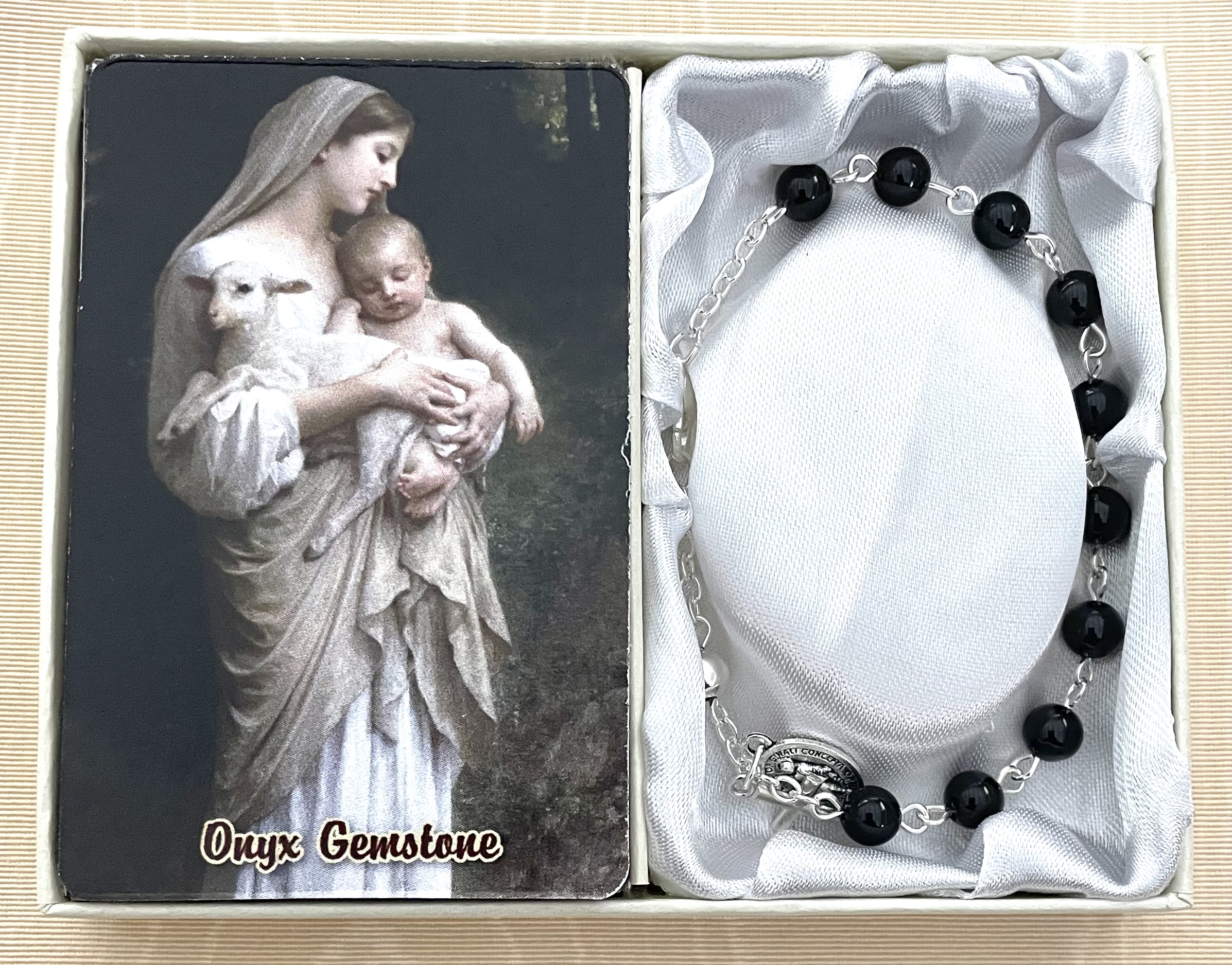 6mm Onyx Genuine Gemstone Bracelet Gift Boxed with How to Say the Rosary Prayer Card 