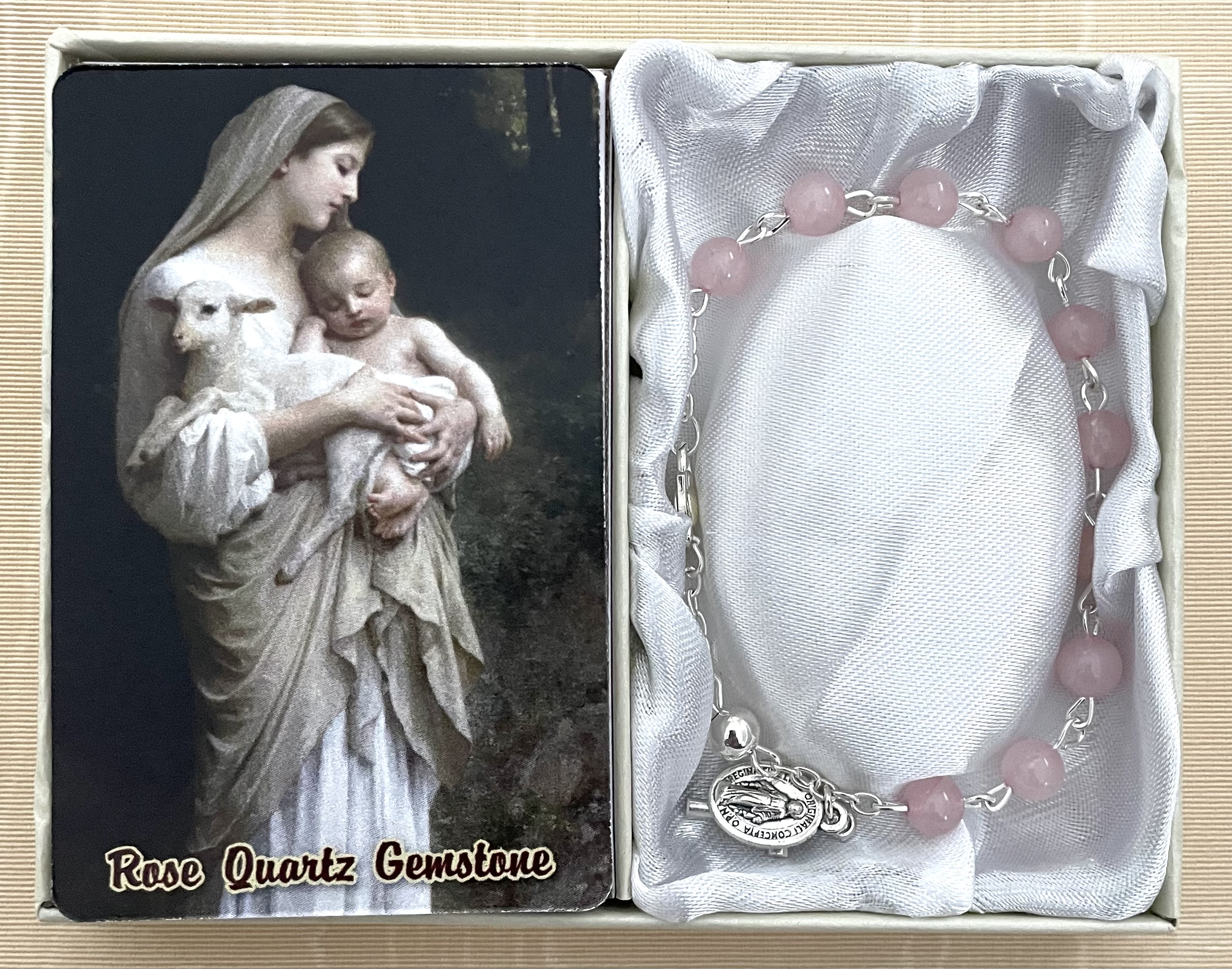 6mm Rose Quartz Genuine Gemstone Bracelet Gift Boxed with How to Say the Rosary Prayer Card 