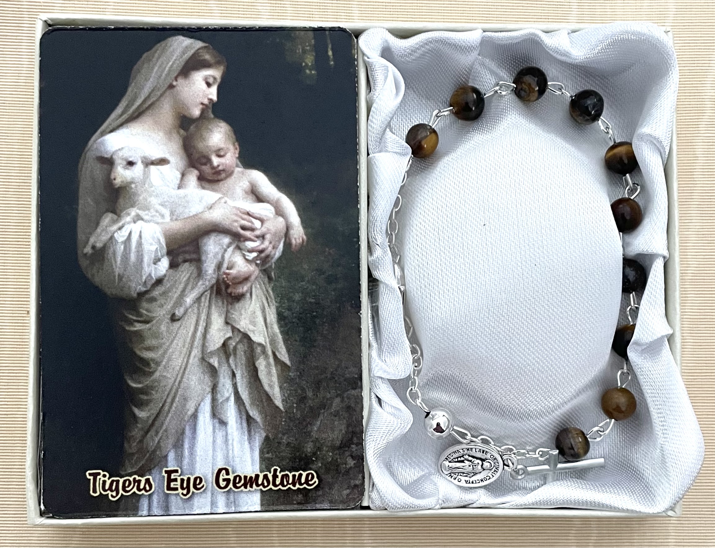 6mm Tigers Eye Genuine Gemstone Bracelet Gift Boxed with How to Say the Rosary Prayer Card 
