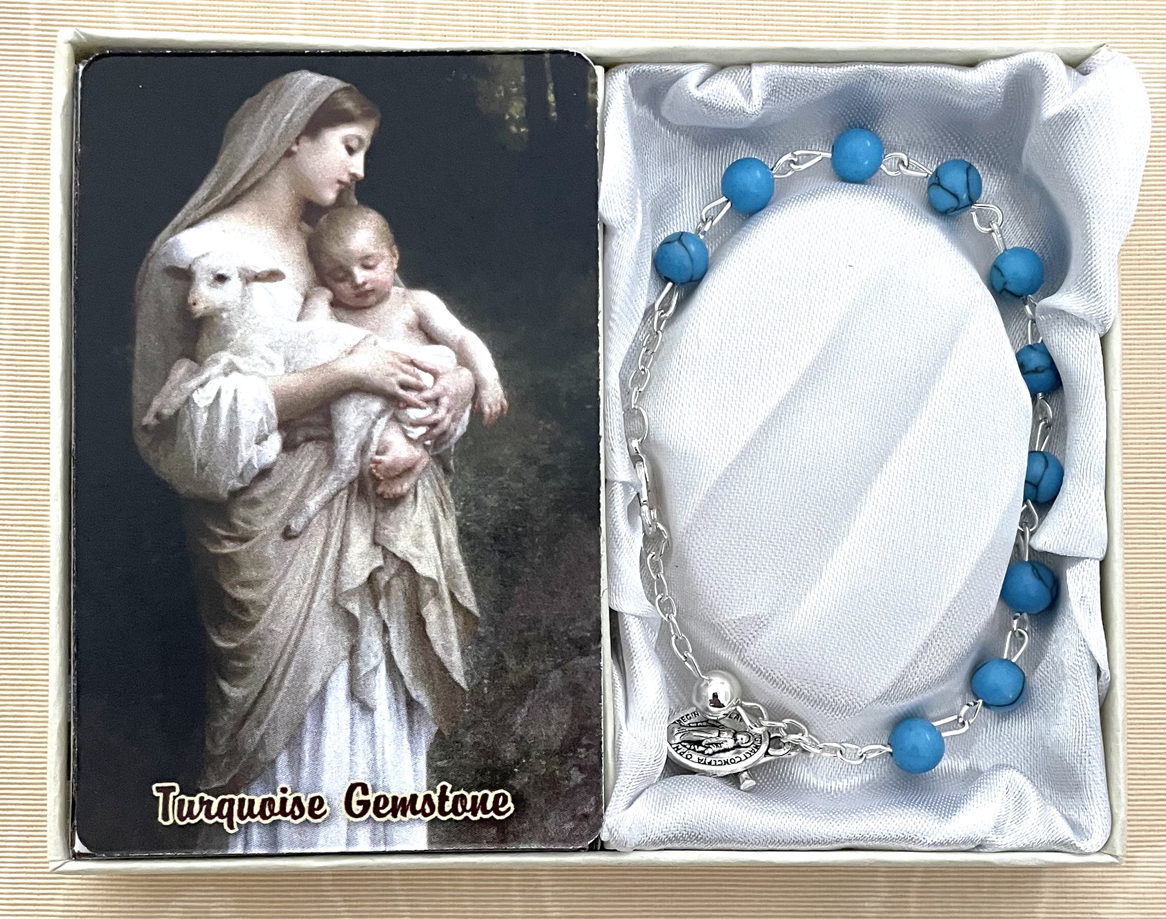 6mm Turquoise Genuine Gemstone Bracelet Gift Boxed with How to Say the Rosary Prayer Card