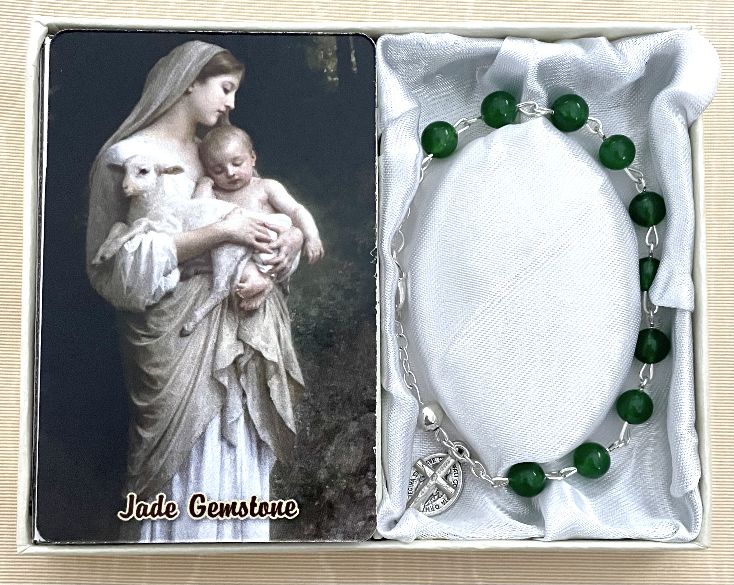 6mm Jade Genuine Gemstone Bracelet Gift Boxed with How to Say the Rosary Prayer Card