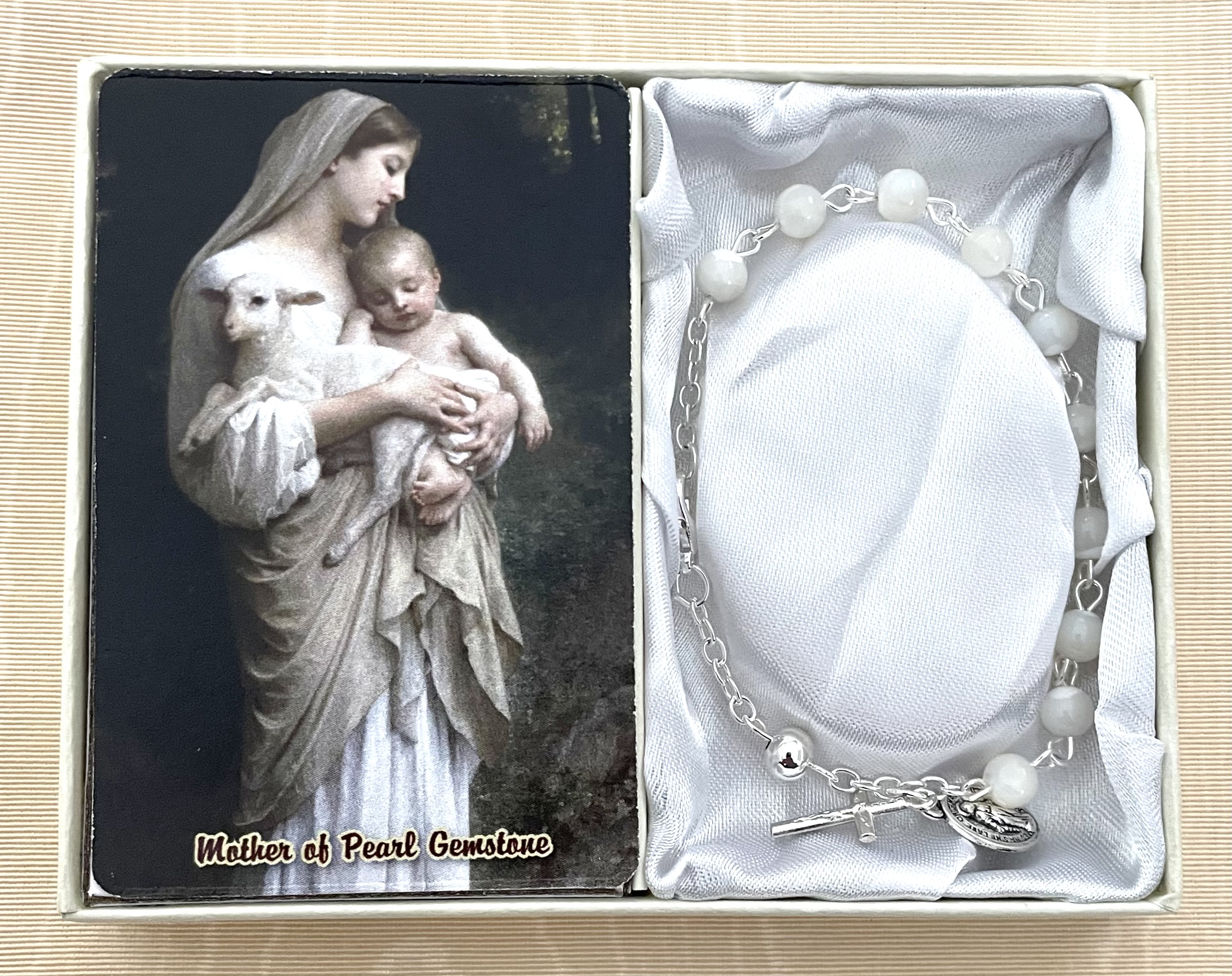 6mm Mother of Pearl Genuine Gemstone Bracelet Gift Boxed with How to Say the Rosary Prayer Card