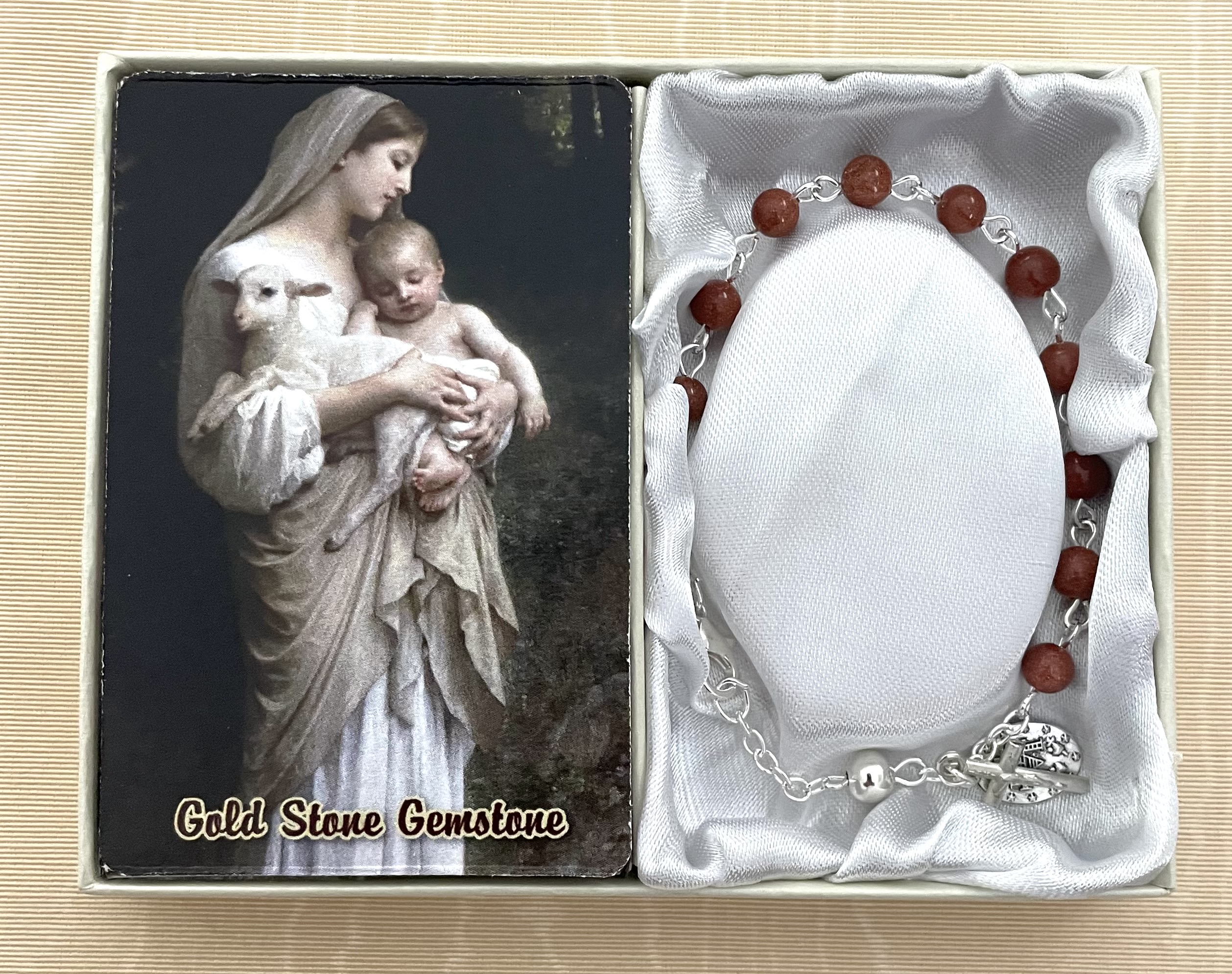 6mm Gold Stone Genuine Gemstone Bracelet Gift Boxed with How to Say the Rosary Prayer Card
