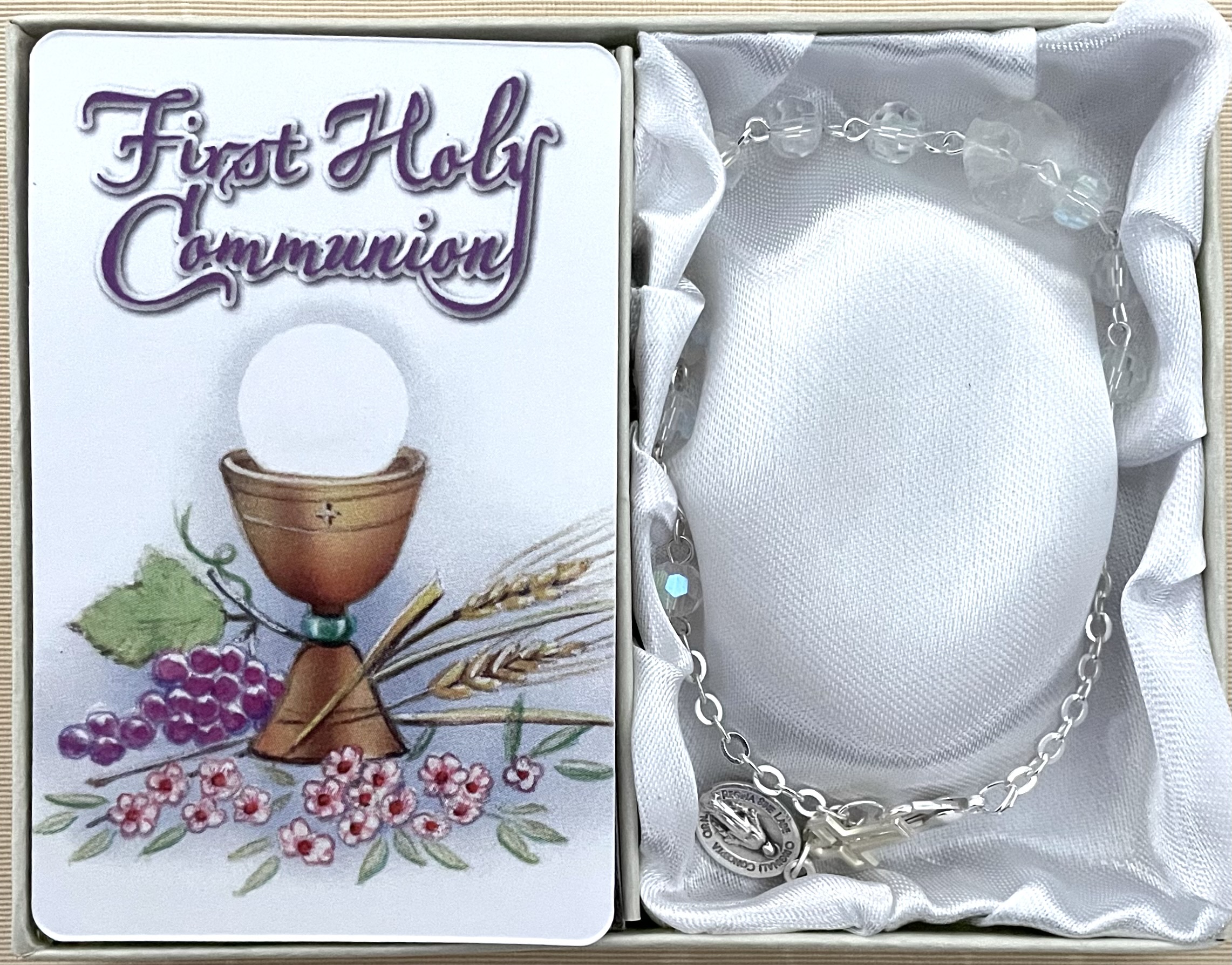 6mm Crystal First Communion Rosary Bracelet Gift Boxed with Prayer Card that can be Personalized