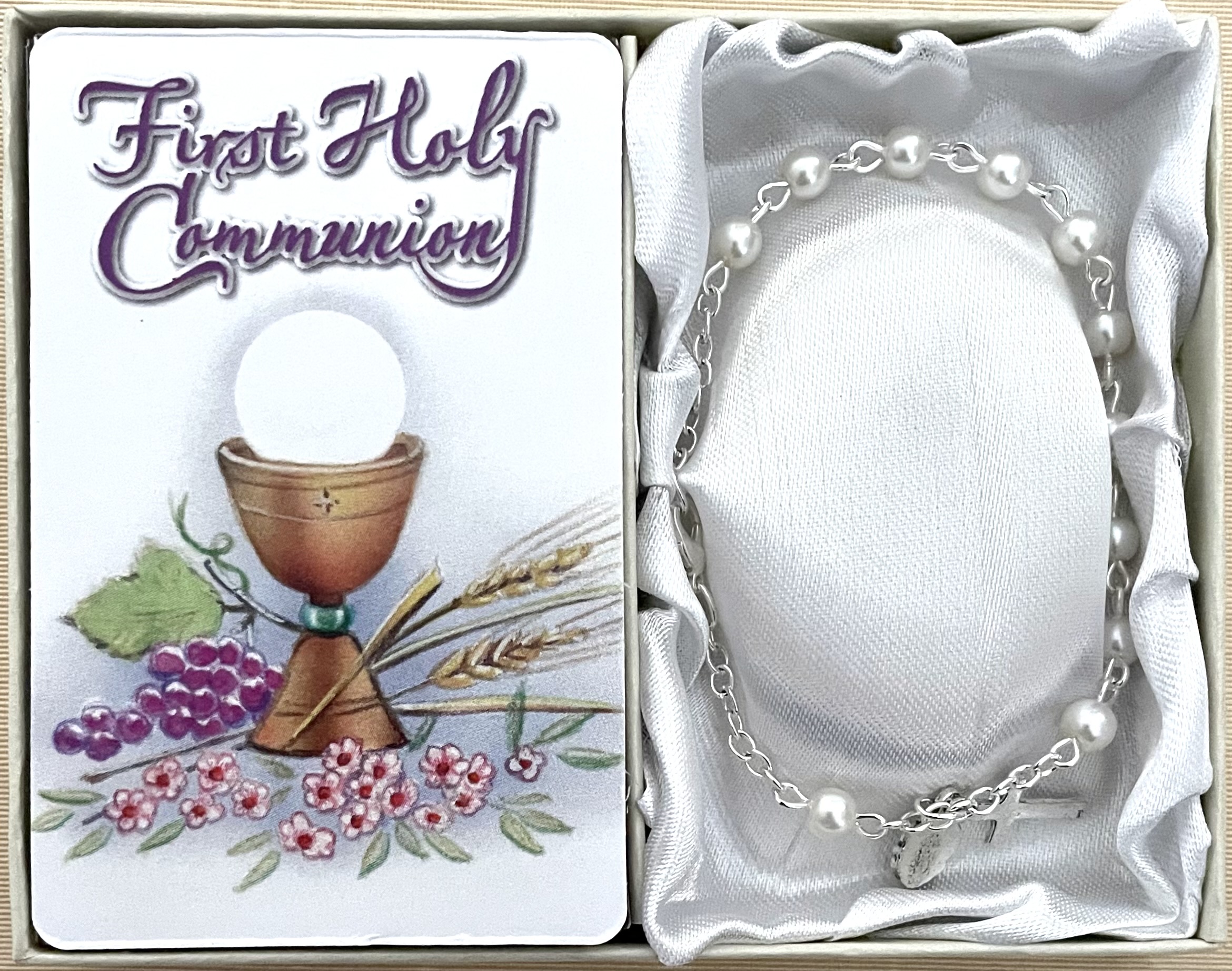 6mm Pearl First Communion Rosary Bracelet Gift Boxed with Prayer Card that can be Personalized