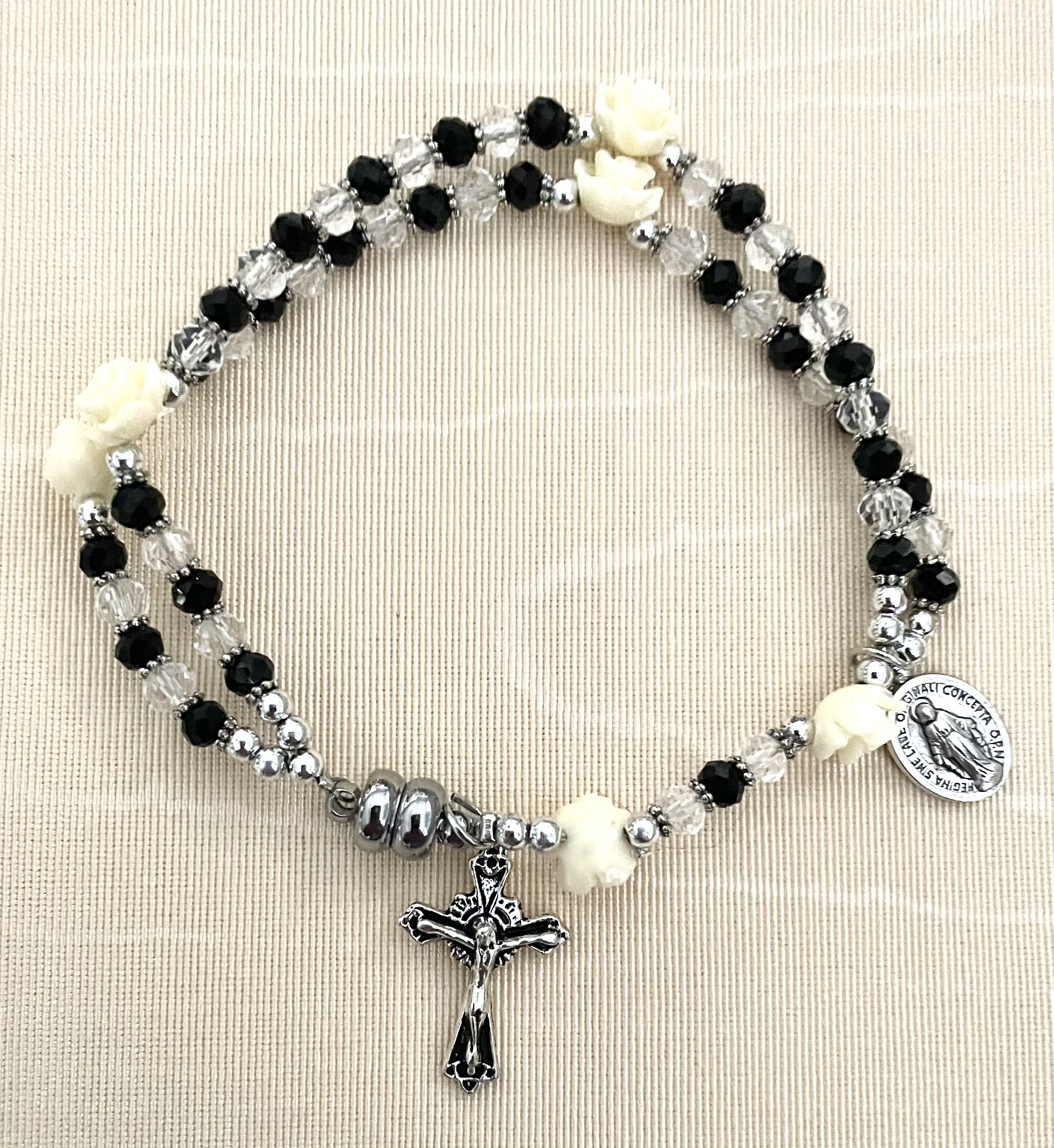 59 BEAD CRYSTAL/JET ROSARY BRACELET