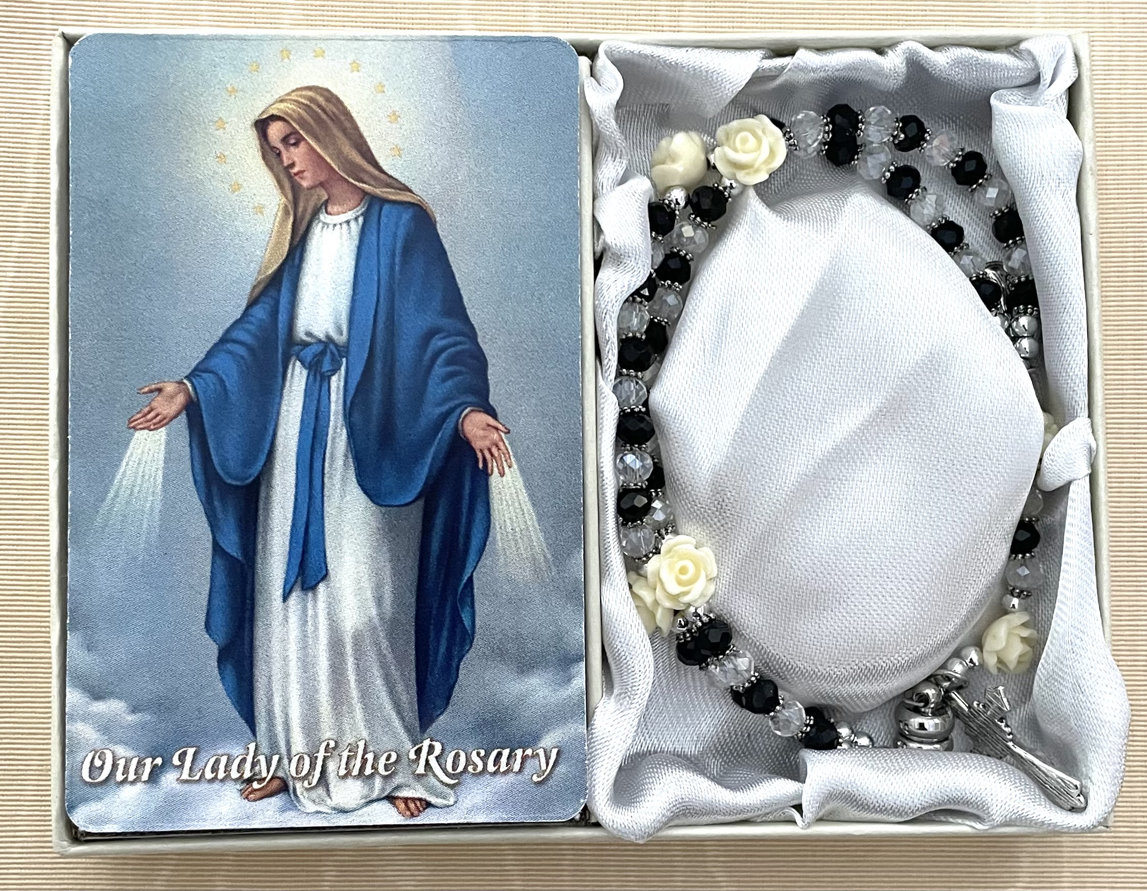 59 BEAD CRYSTAL/JET ROSARY BRACELET WITH HOW TO SAY THE ROSARY PRAYER CARD GIFT BOXED