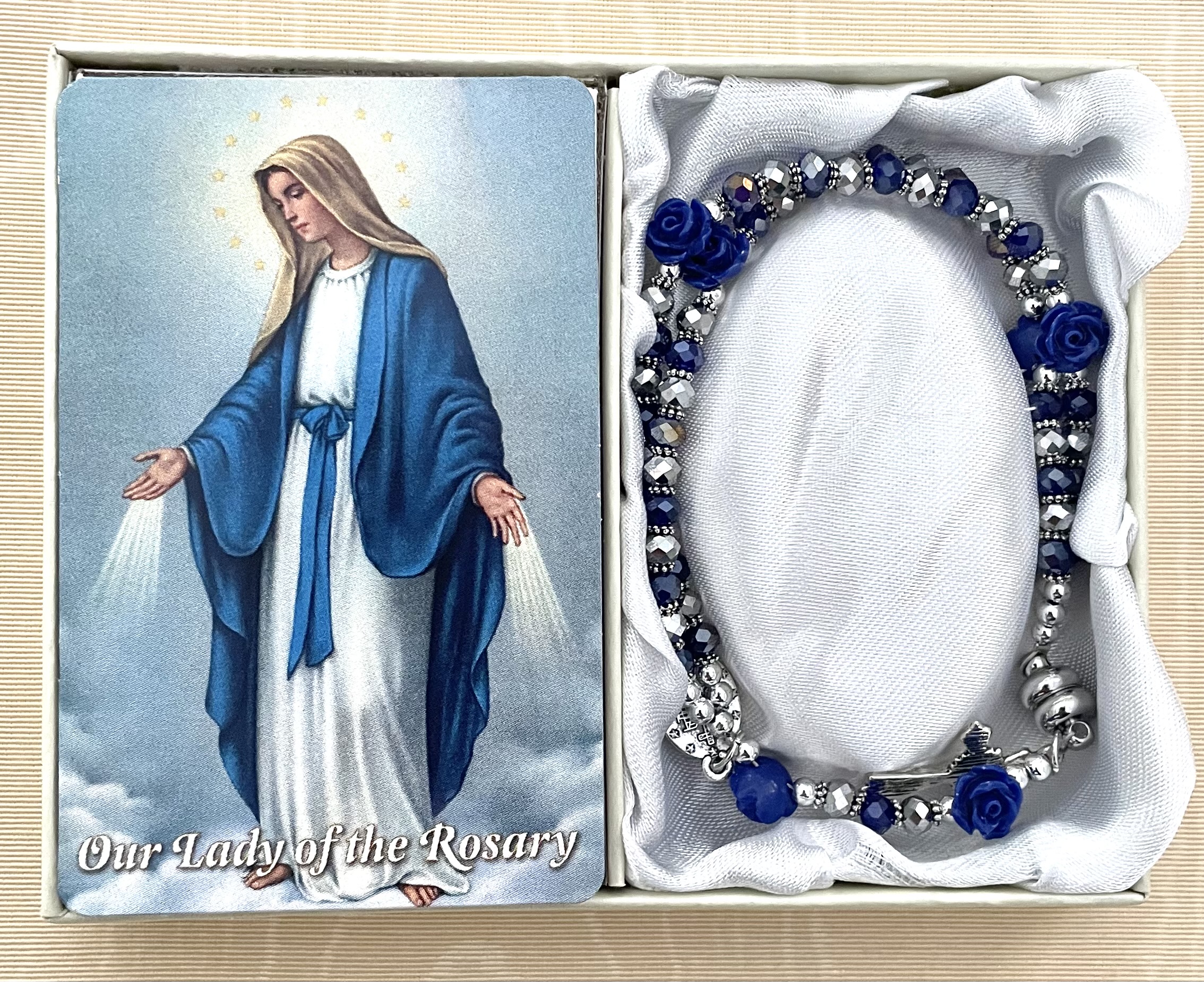 59 BEAD SAPPHIRE ROSARY BRACELET WITH HOW TO SAY THE ROSARY PRAYER CARD GIFT BOXED
