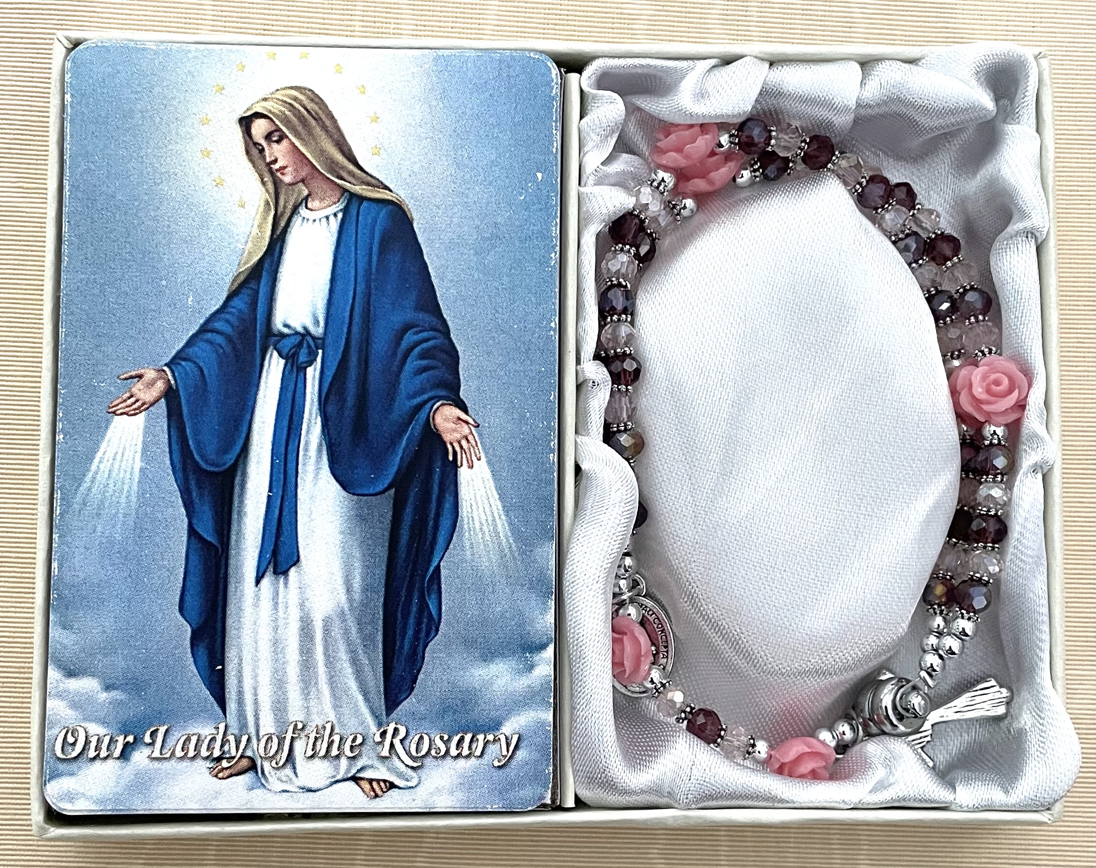 59 BEAD AMETHYST ROSARY BRACELET WITH HOW TO SAY THE ROSARY PRAYER CARD GIFT BOXED