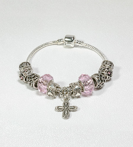 SILVER BEADS WITH PINK ROSARY BRACELET