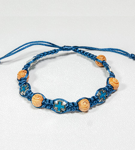 CARVED WOOD BEAD & CROSS BLUE BRAIDED ROSARY BRACELET