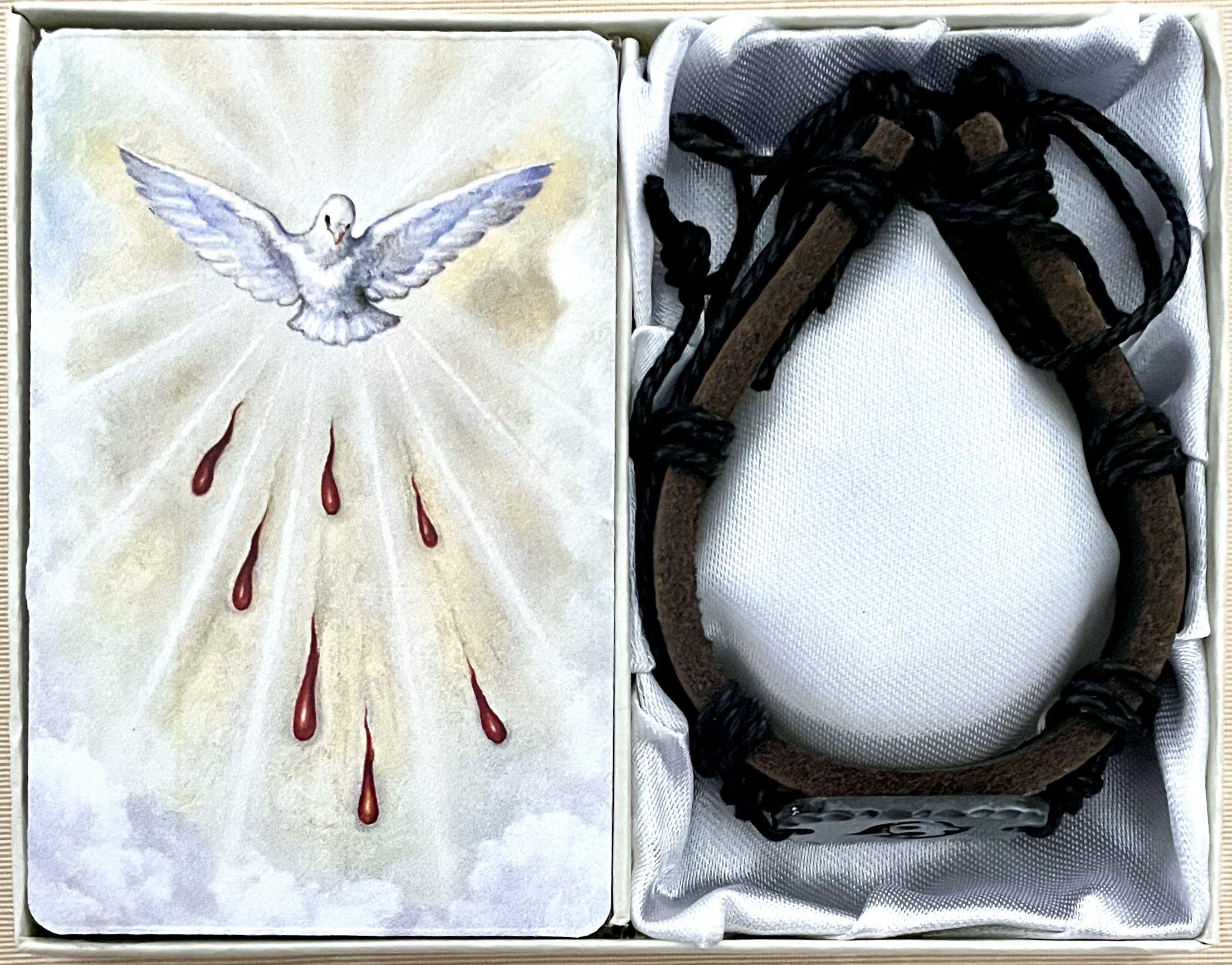 Holy Spirit Leather Confirmation Bracelet Gift Boxed with Prayer Card that can be Personalized