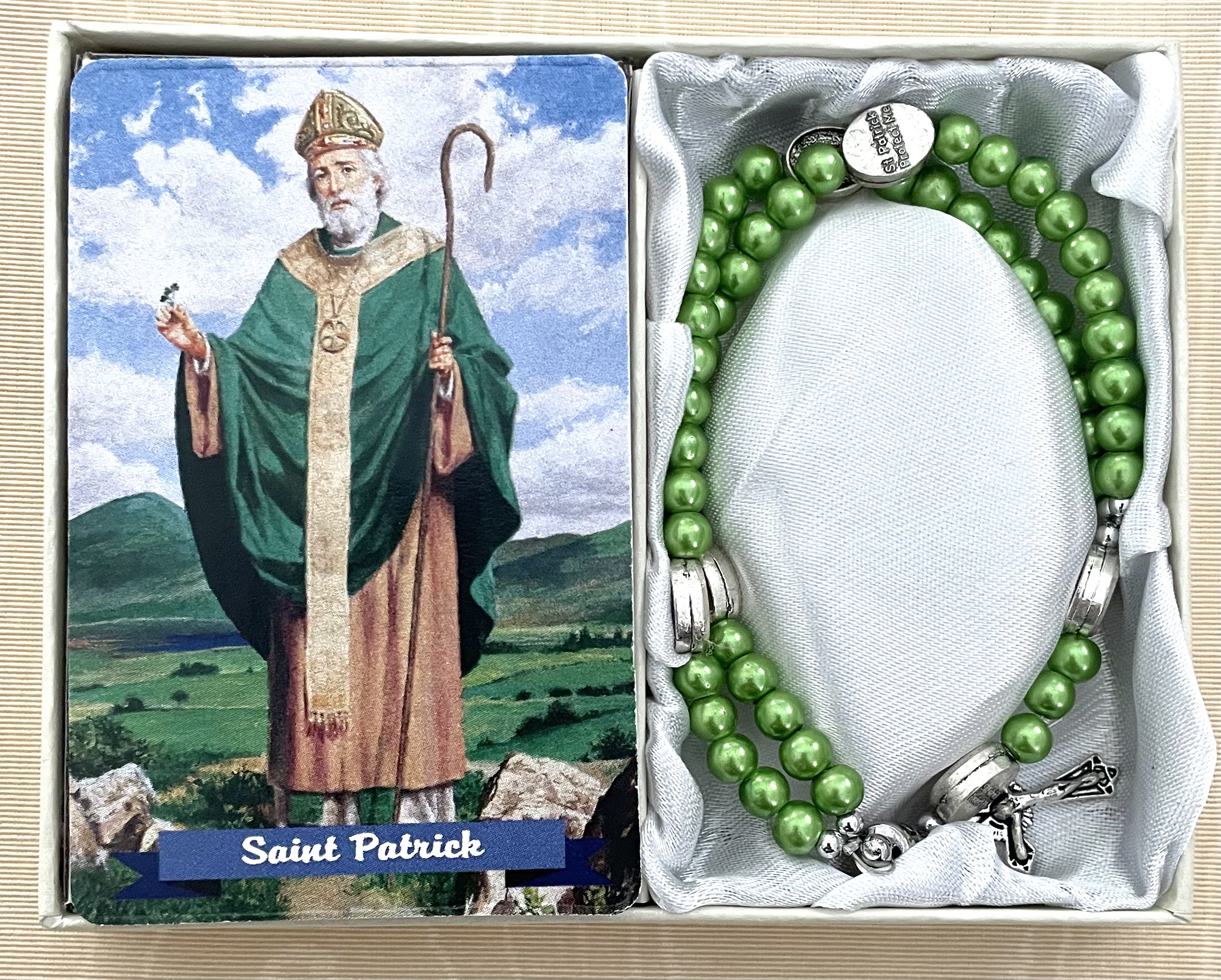 Green Pearl St Patrick 59 Bead Full Rosary Bracelet Gift Boxed with Prayer Card