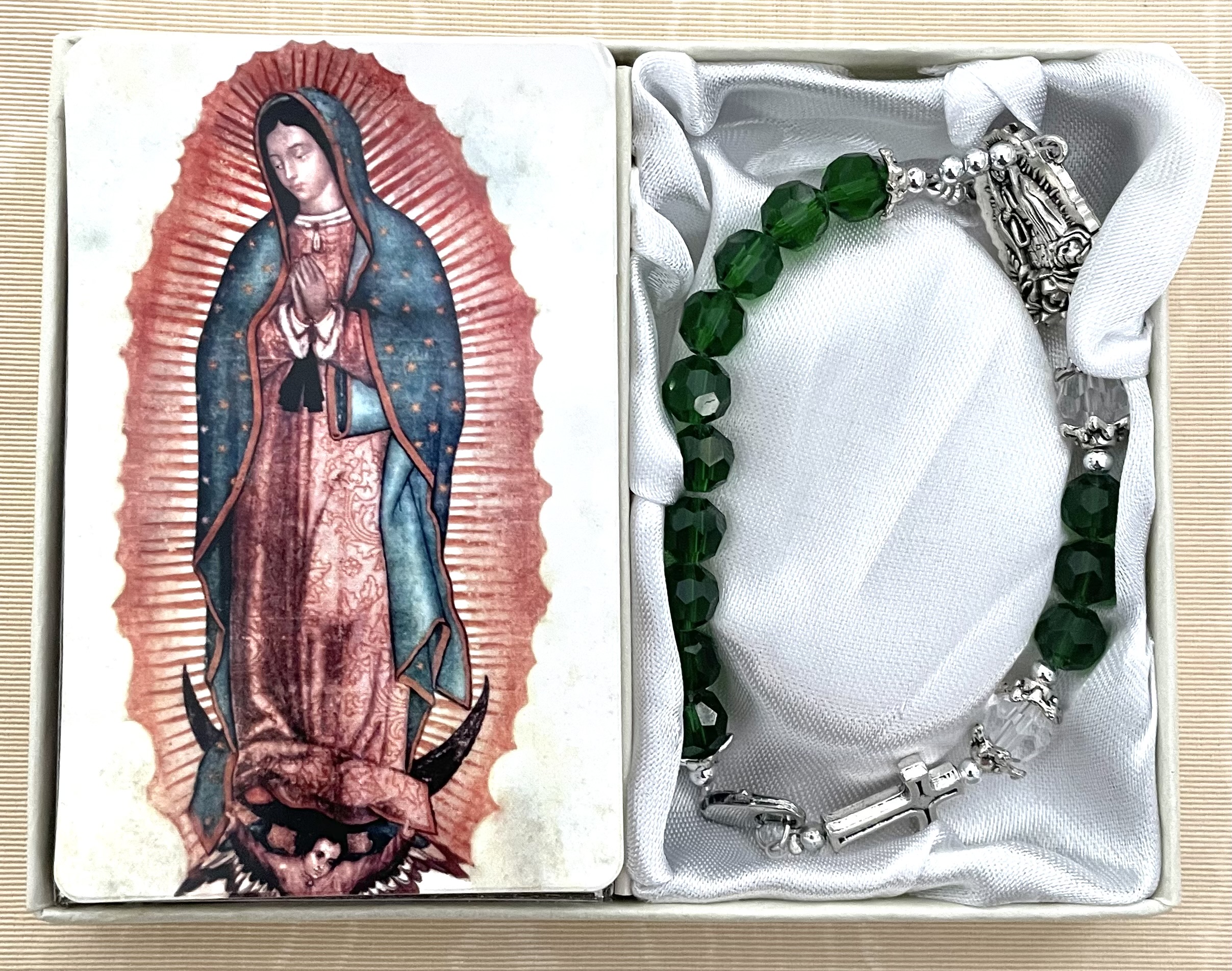 Our Lady of Guadalupe  Medal and Emerald Bead Rosary Bracelet