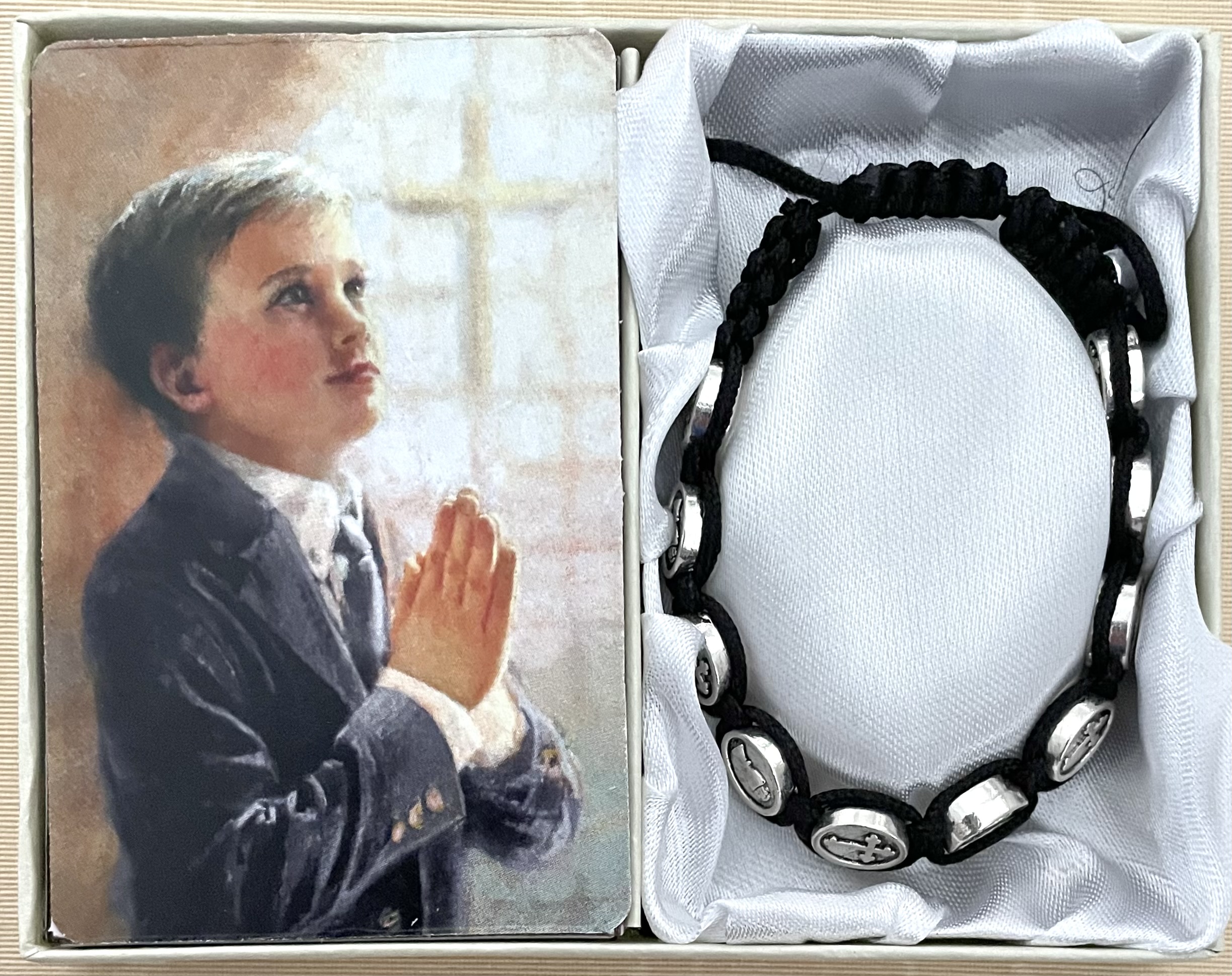 Black First Communion Macrame Bracelet Gift Boxed with Prayer Card that can be Personalized