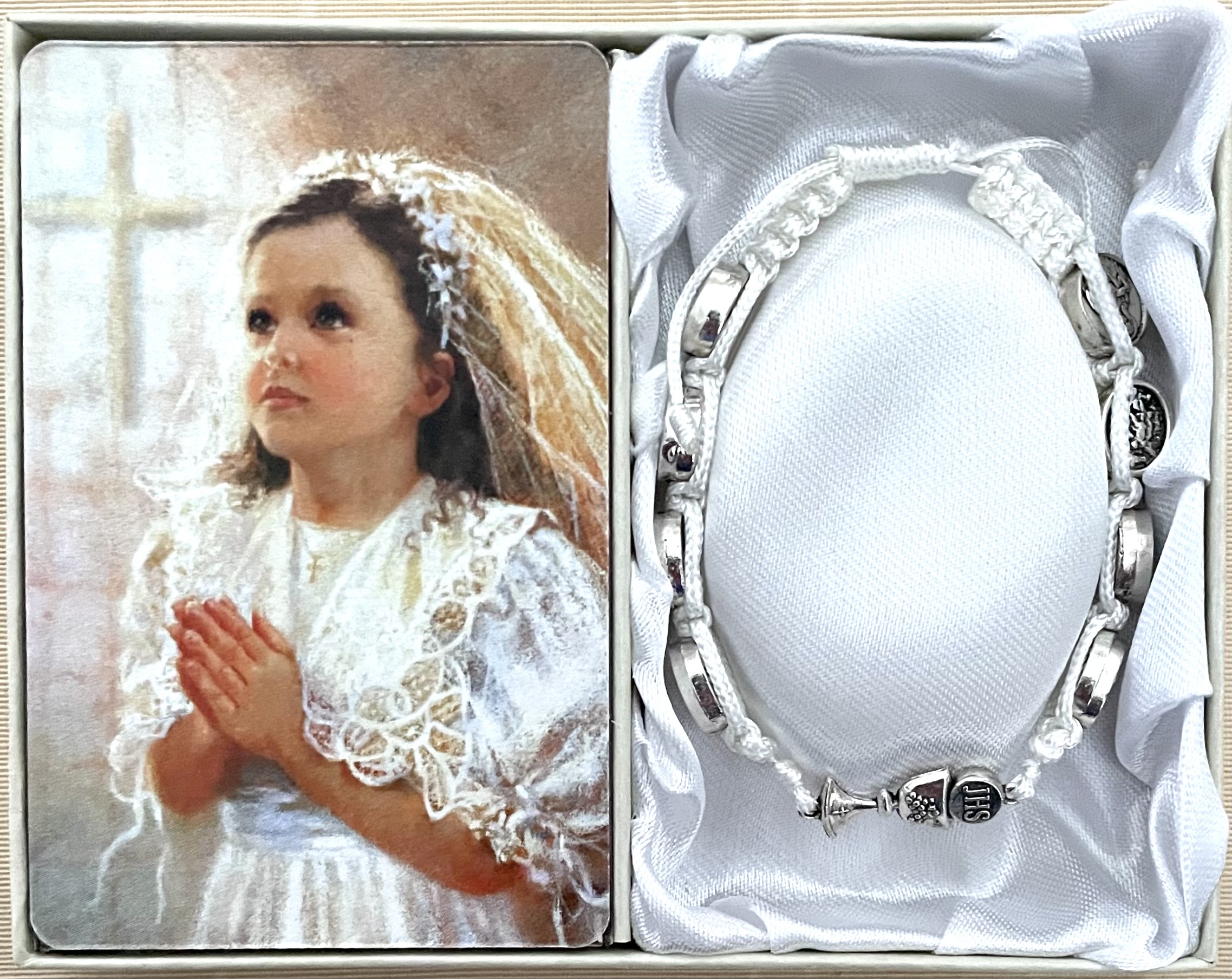 White First Communion Chalice Macrame Bracelet Gift Boxed with Prayer Card that can be Personalized