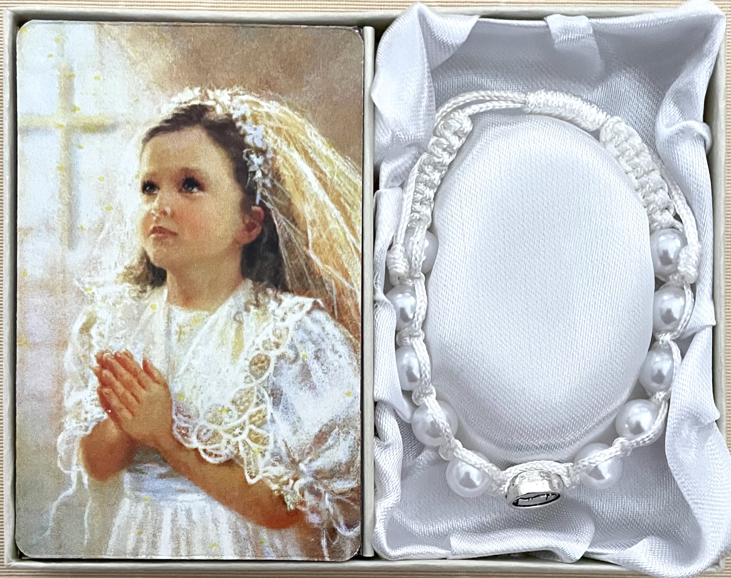 Pearl First Communion Macrame Rosary Bracelet Gift Boxed with Prayer Card that can be Personalized