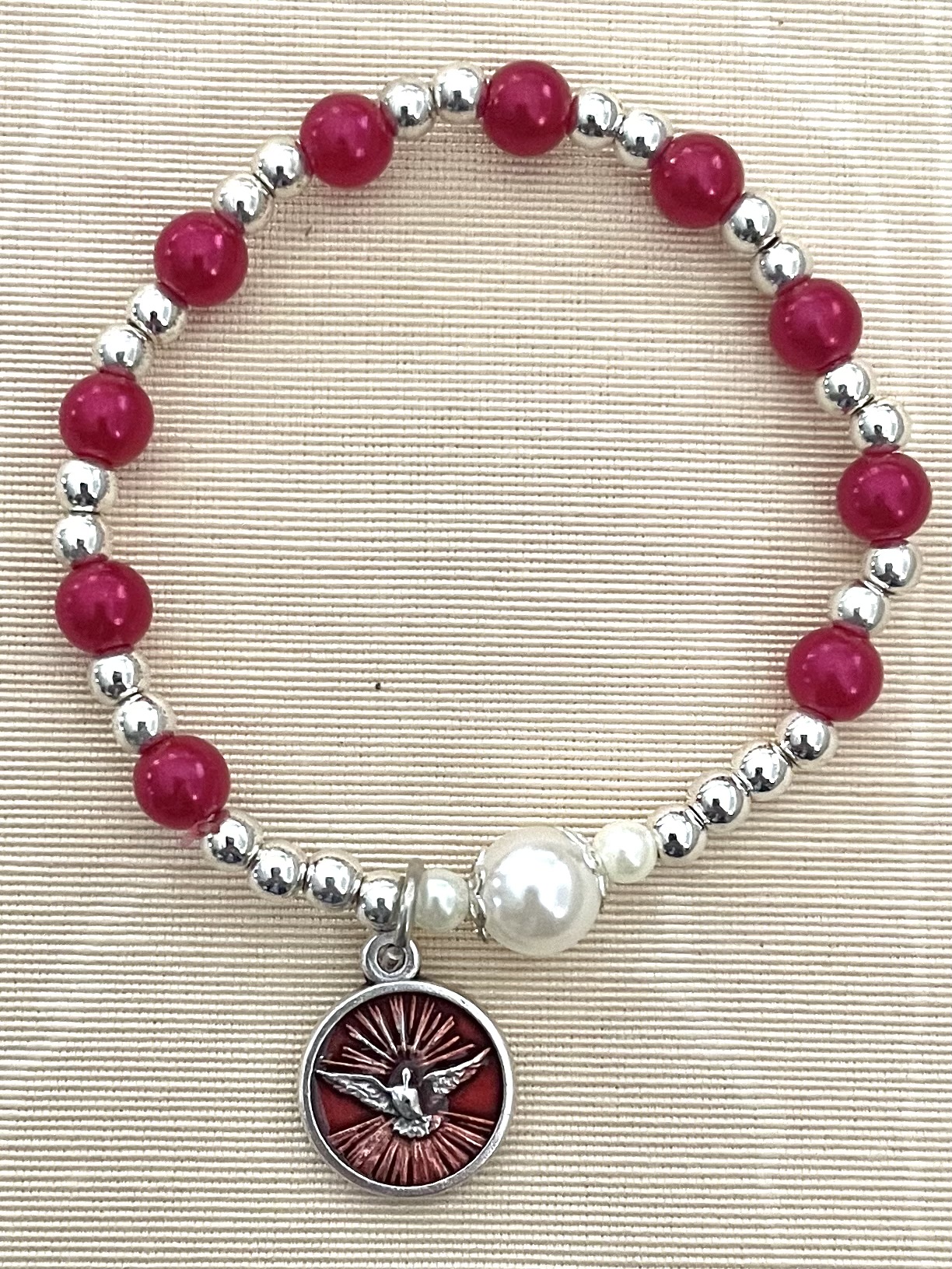 Pearl and Ruby Elastic Confirmation Bracelet with Holy Spirit Charm