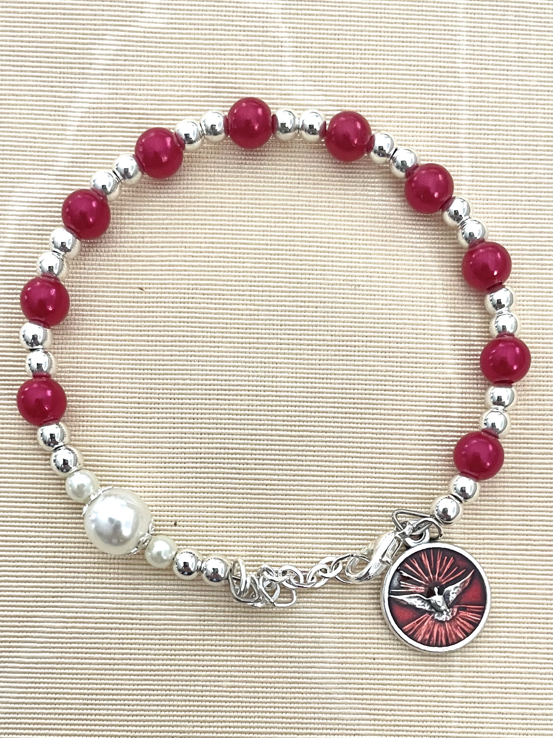 Pearl and Ruby Adjustable Confirmation Bracelet with Holy Spirit Charm