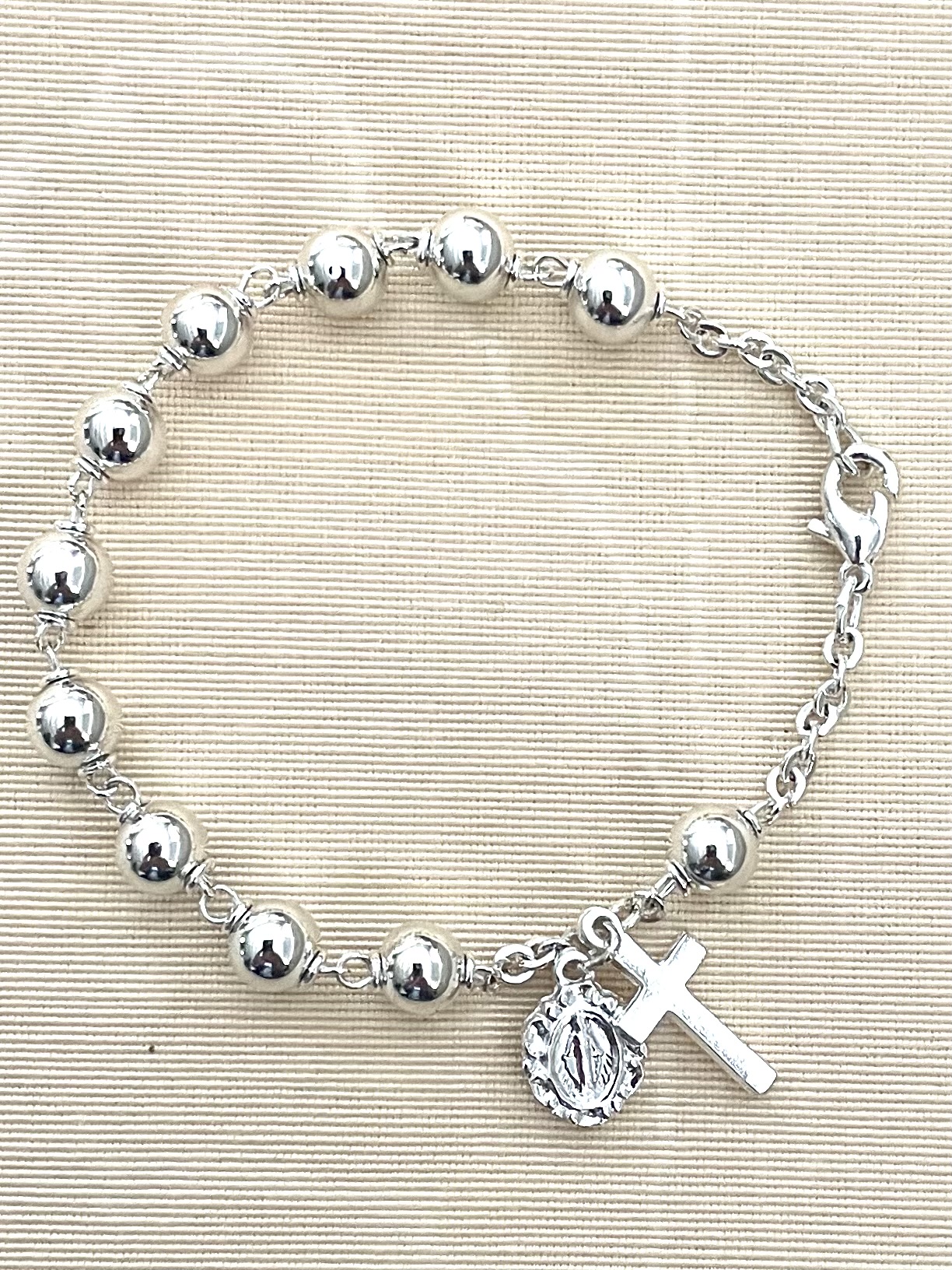 6MM Silver Bead First Communion Rosary Bracelet. Gift Boxed