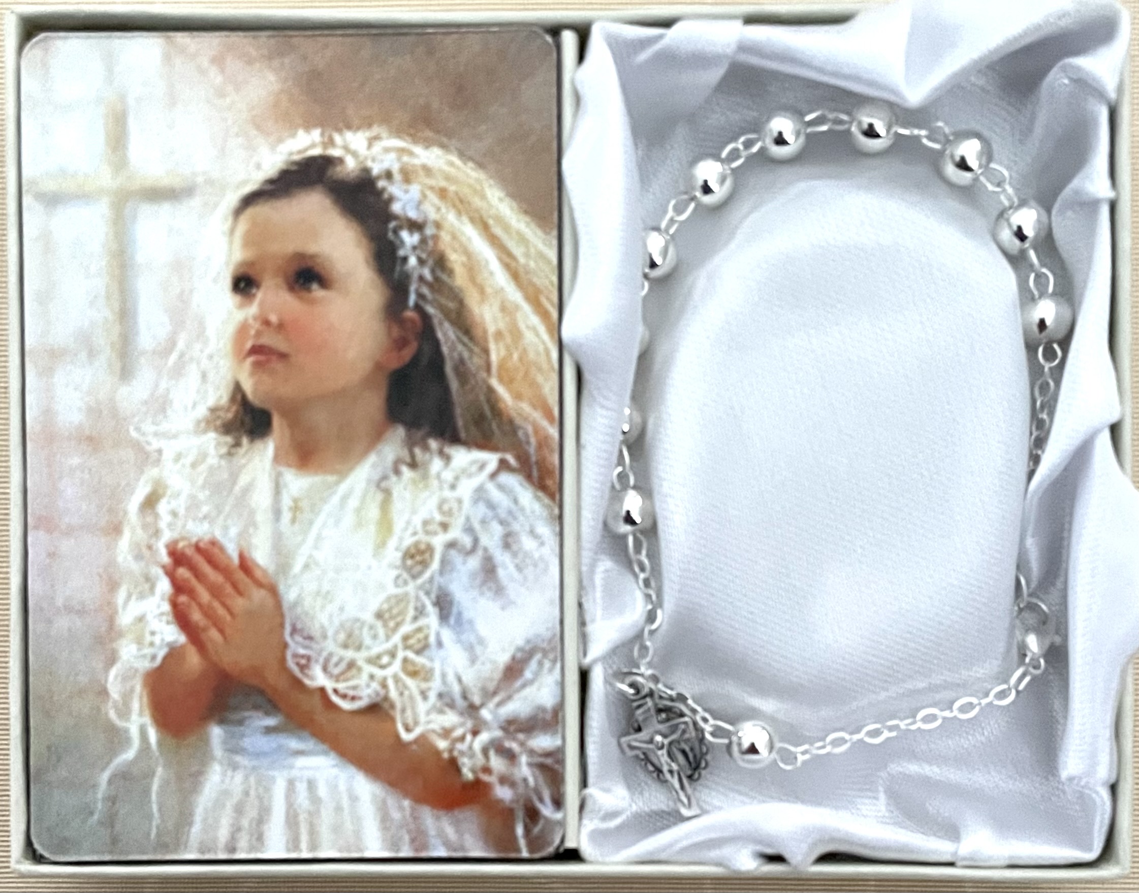 6mm Silver Bead First Communion Rosary Bracelet Gift Boxed with Prayer Card that can be Personalized