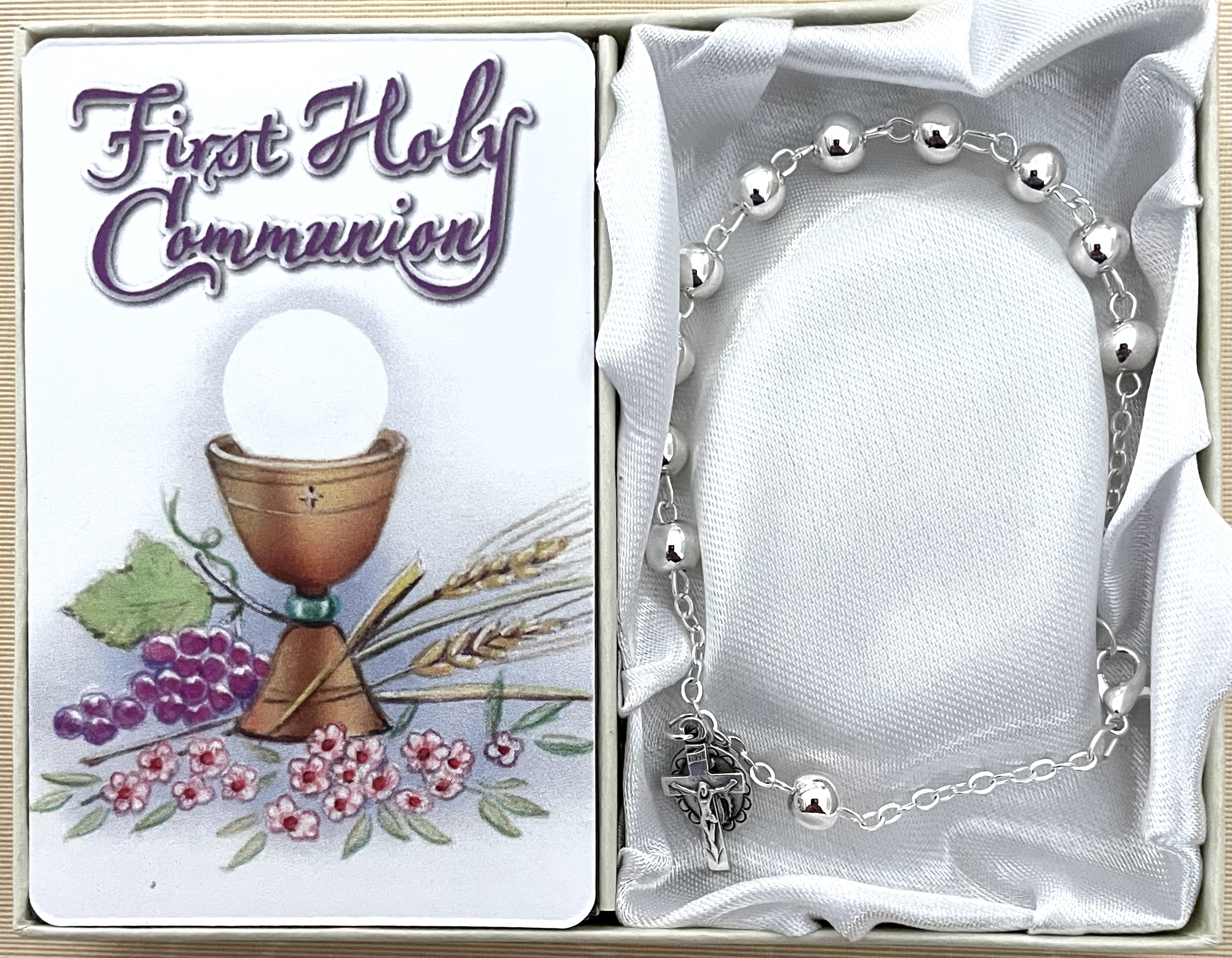 6mm Silver Bead First Communion Rosary Bracelet Gift Boxed with Prayer Card that can be Personalized