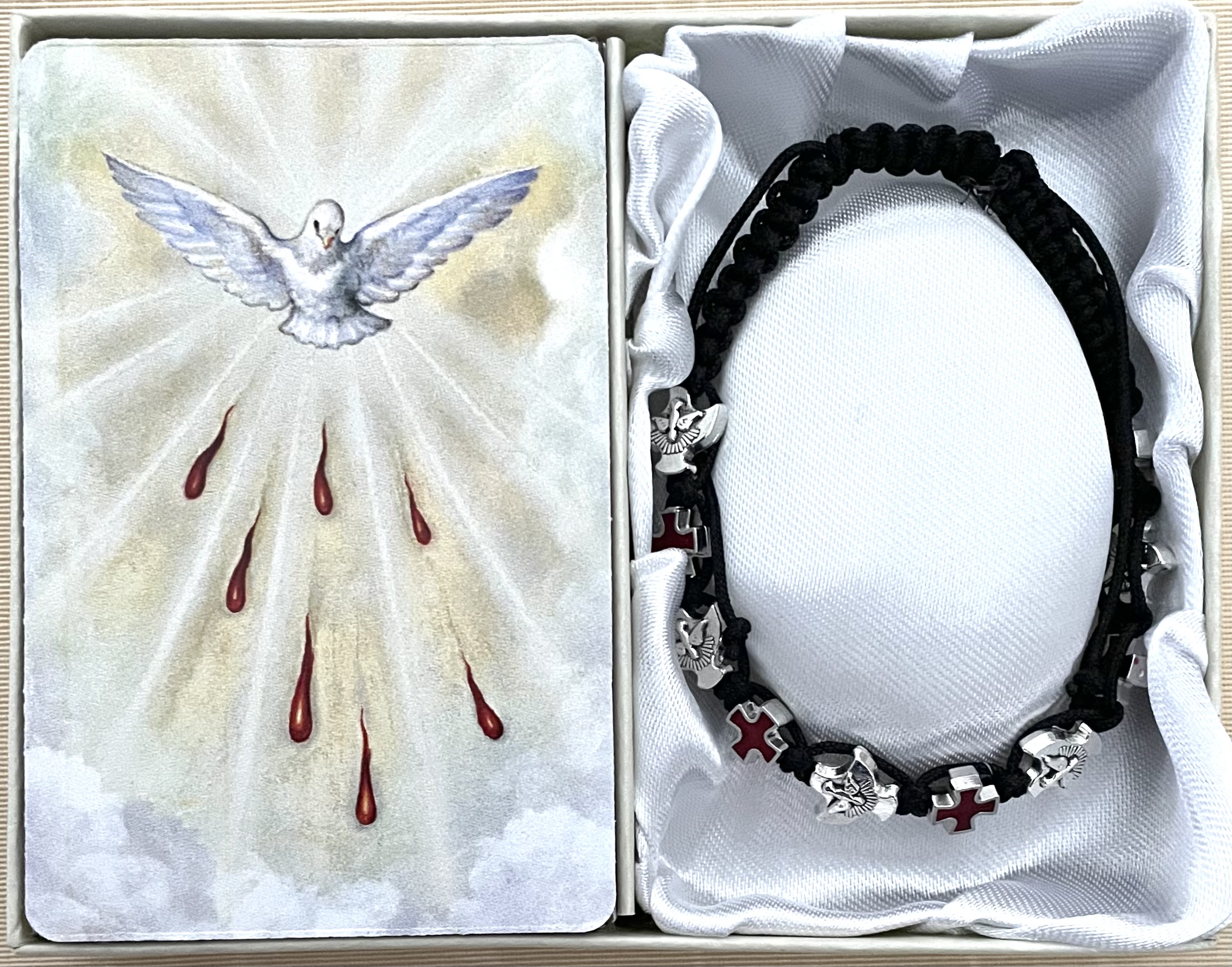 Dove and Cross Confirmation Black Macrame Bracelet Gift Boxed with Prayer Card that can be Personalized
