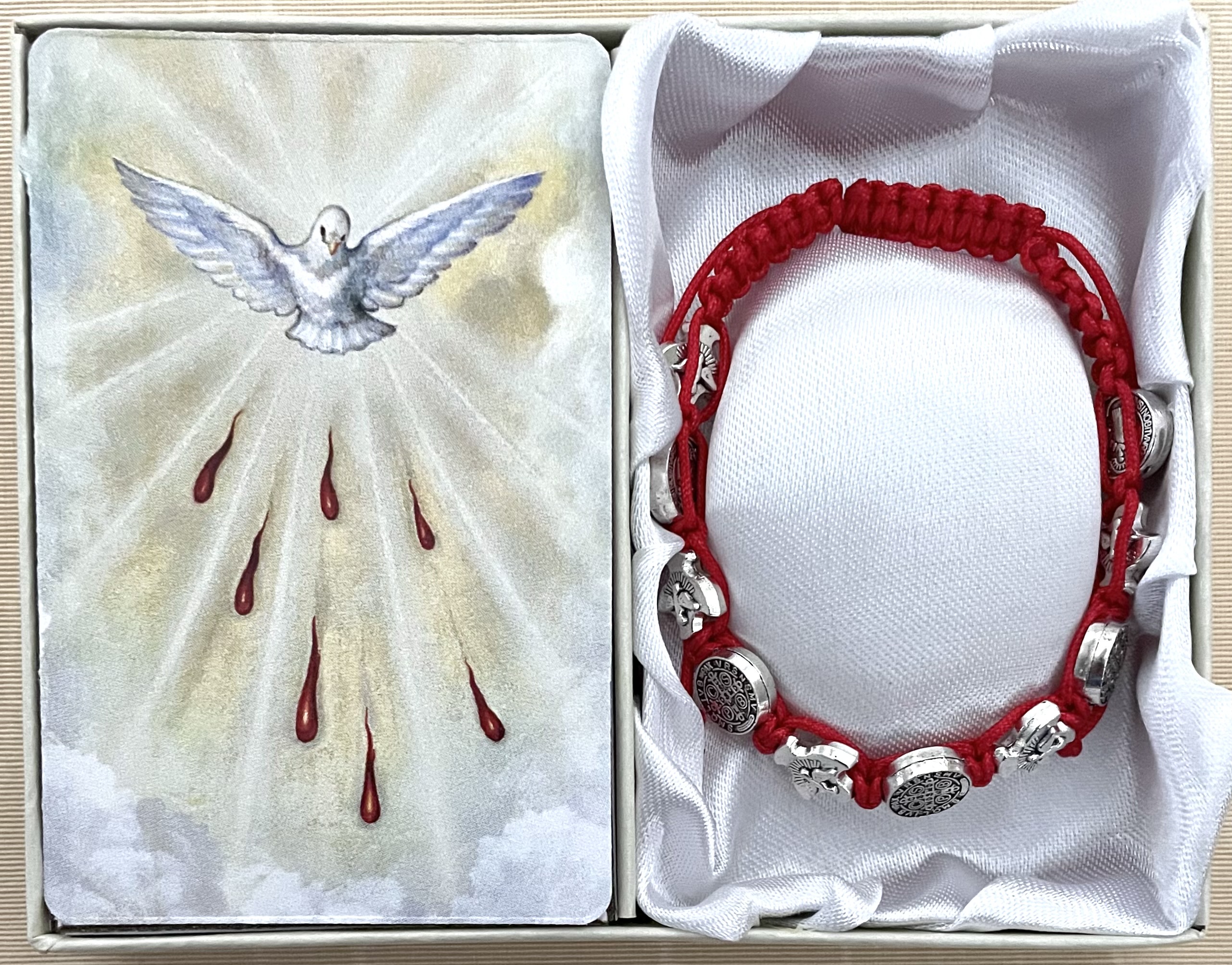 St Benedict/Holy Spirit Confirmation Macrame Bracelet Gift Boxed with Prayer Card that can be Personalized