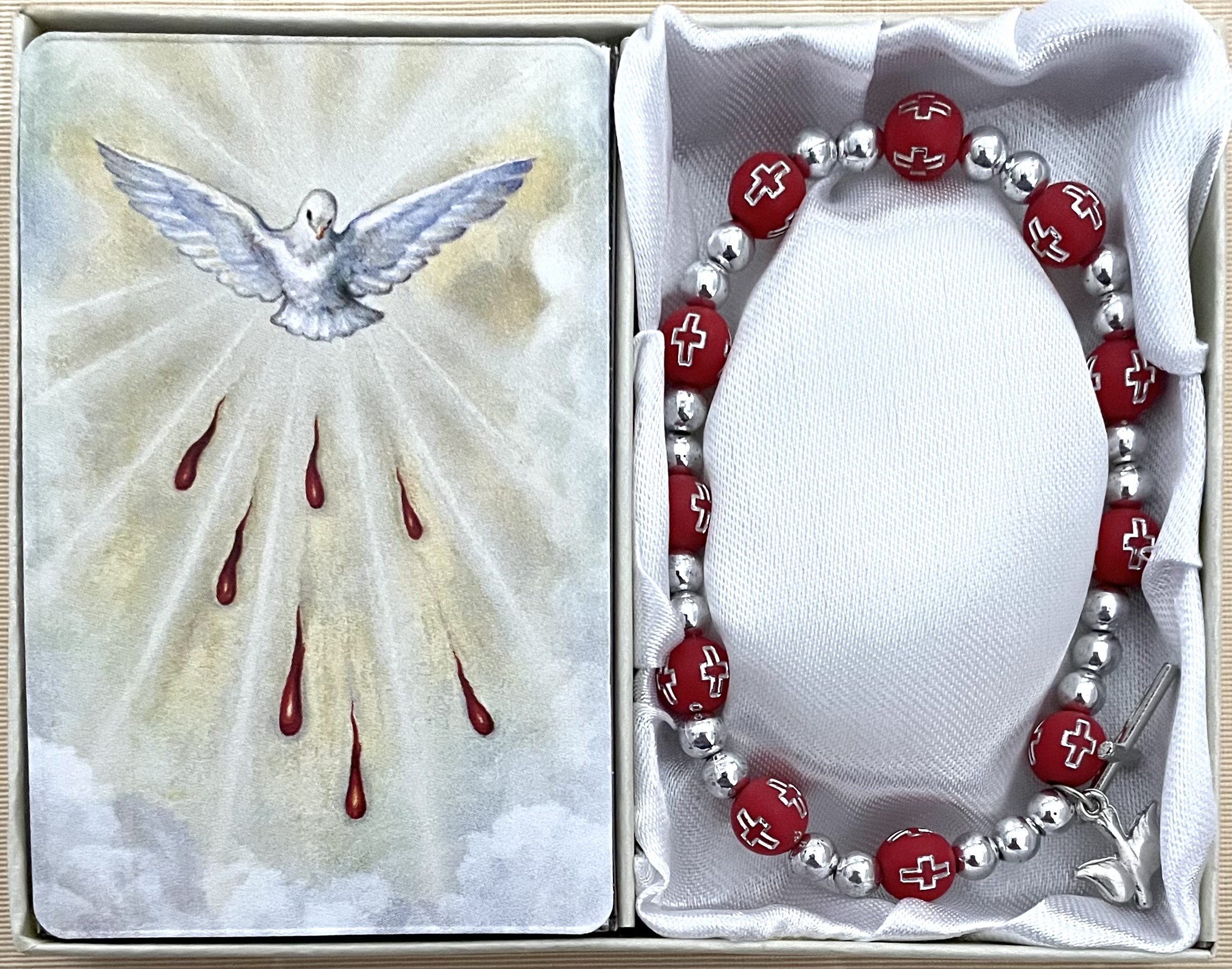 Holy Spirit Confirmation Cross Rosary Bracelet Gift Boxed with Prayer Card that can be Personalized