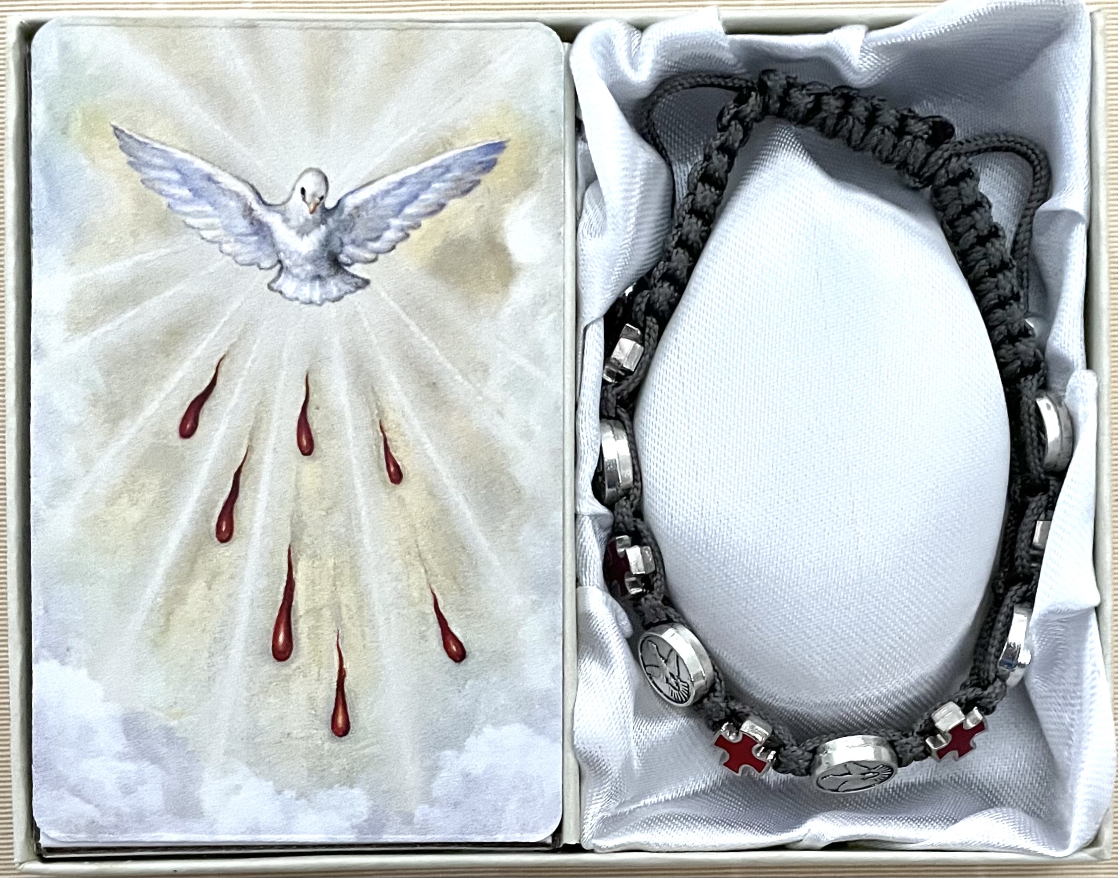 Dove and Cross Confirmation Dark Grey Macrame Bracelet Gift Boxed with Prayer Card that can be Personalized