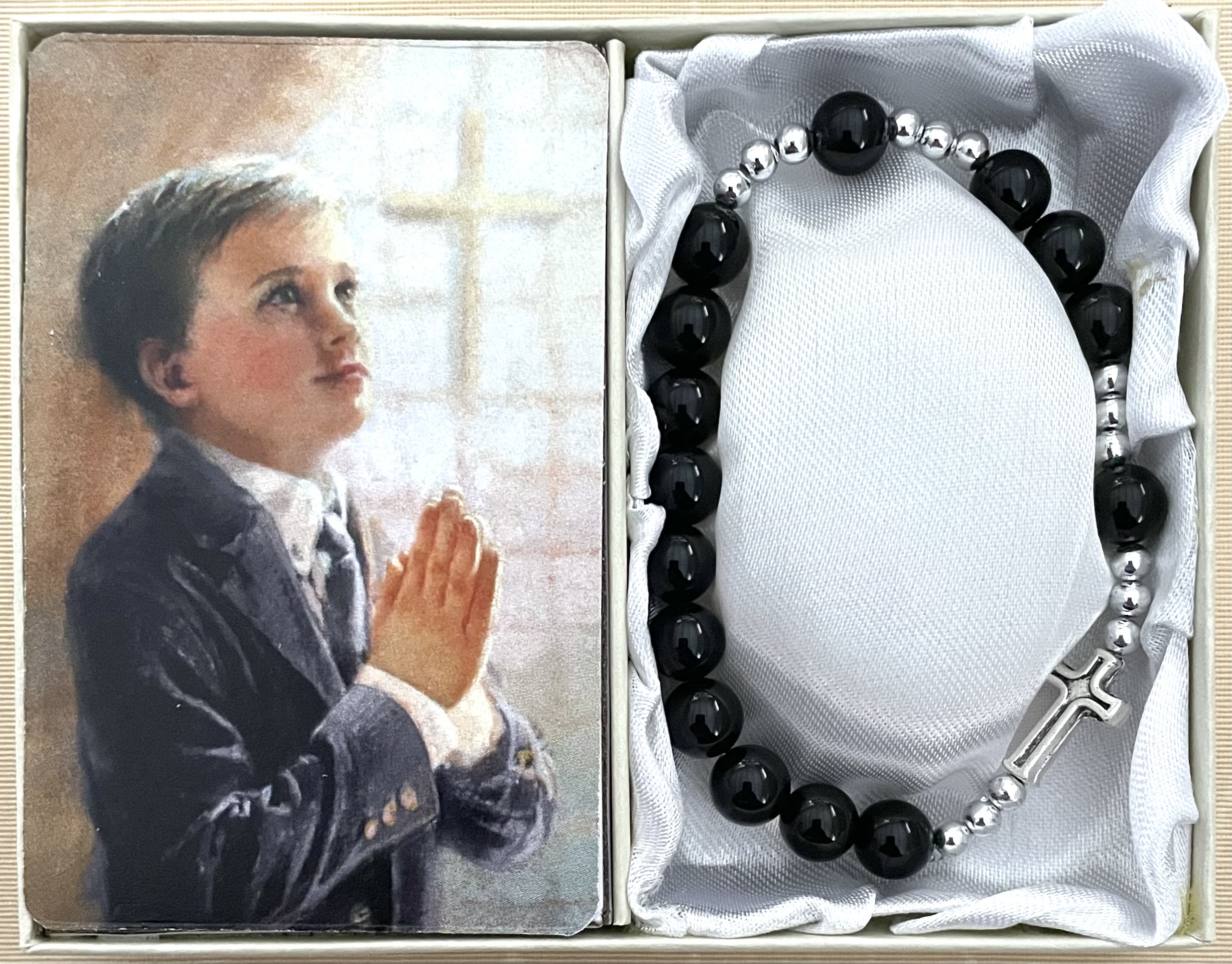 7mm Black Onyx First Communion Rosary Bracelet Gift Boxed with Prayer Card that can be Personalized