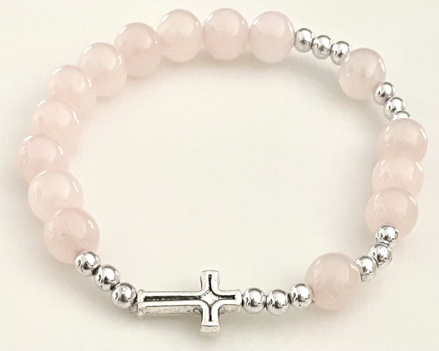 8mm ROSE QUARTZ GEMSTONE STRETCH ROSARY BRACELET with PRAYER CARD GIFT BOXED