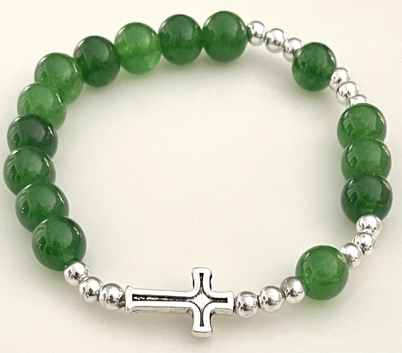 8mm JADE GEMSTONE STRETCH ROSARY BRACELET with PRAYER CARD GIFT BOXED